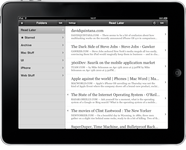 An early version of Instapaper on the iPad.