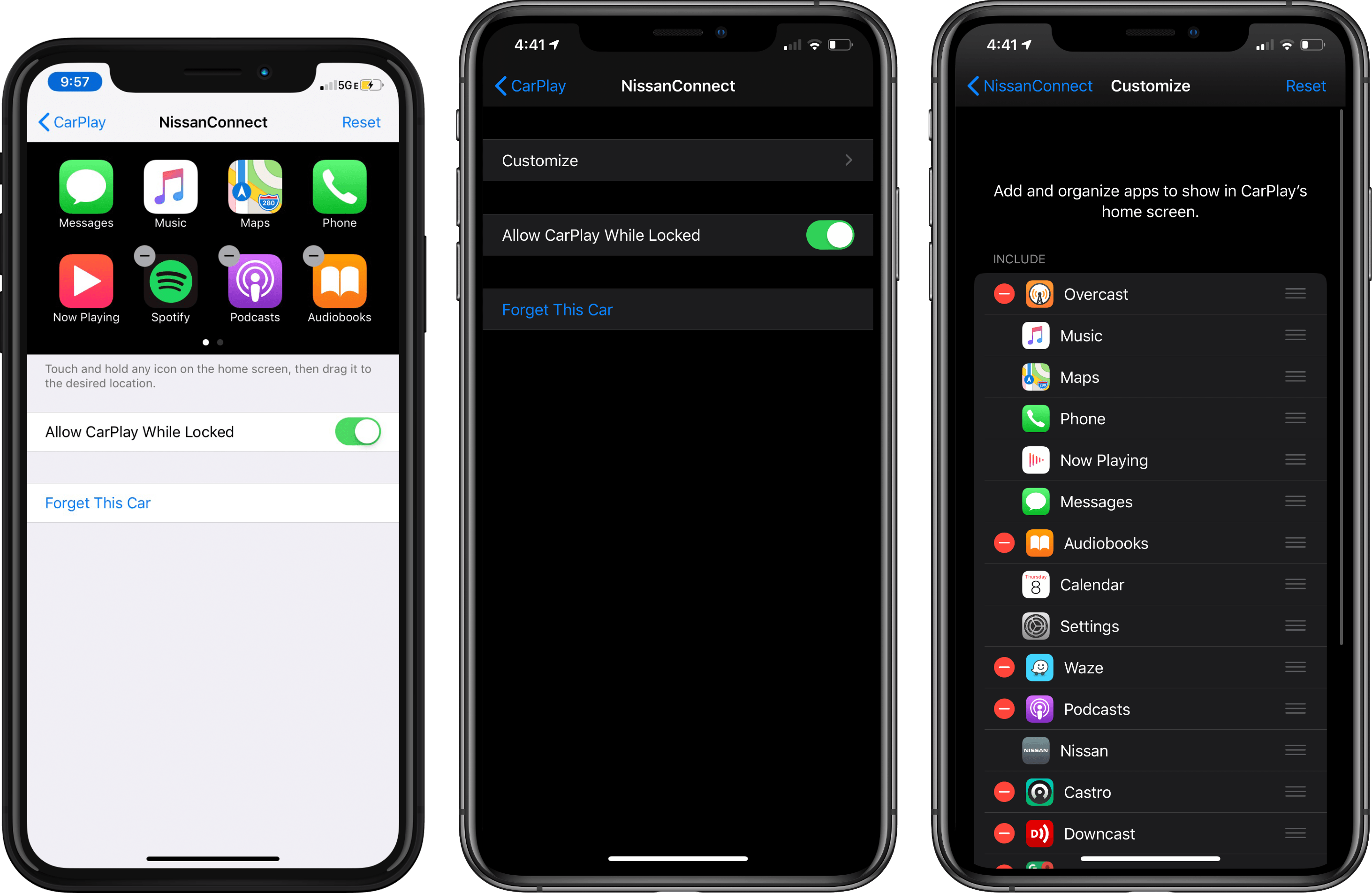Setting up CarPlay in iOS 12 (left) and iOS 13 (middle and right).
