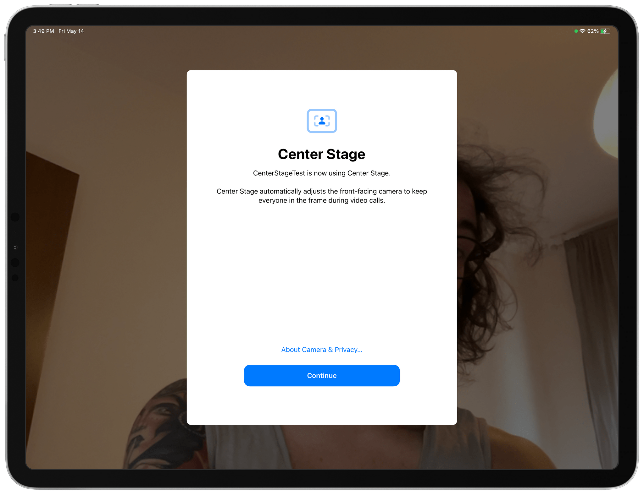 The Center Stage splash screen I saw in our custom test app.