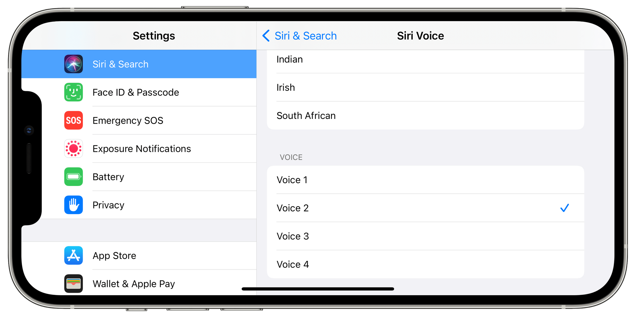 The updated settings for Siri's voices in iOS 14.5.
