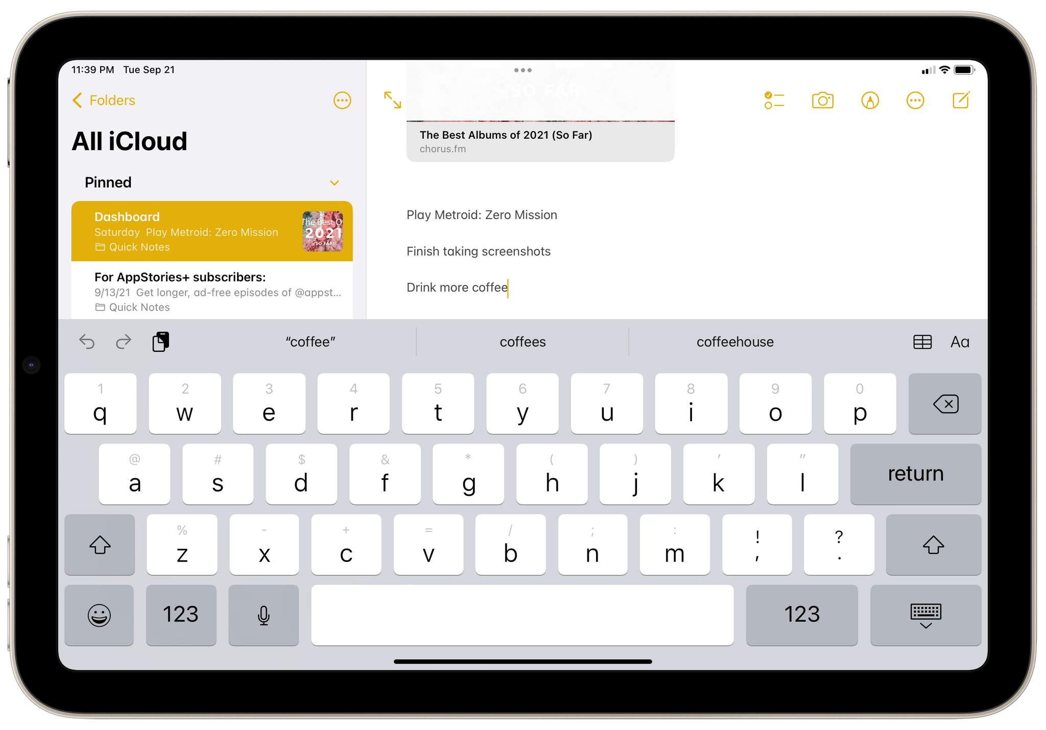 When the keyboard is shown in landscape mode, you don't see a lot of text on the new iPad mini.
