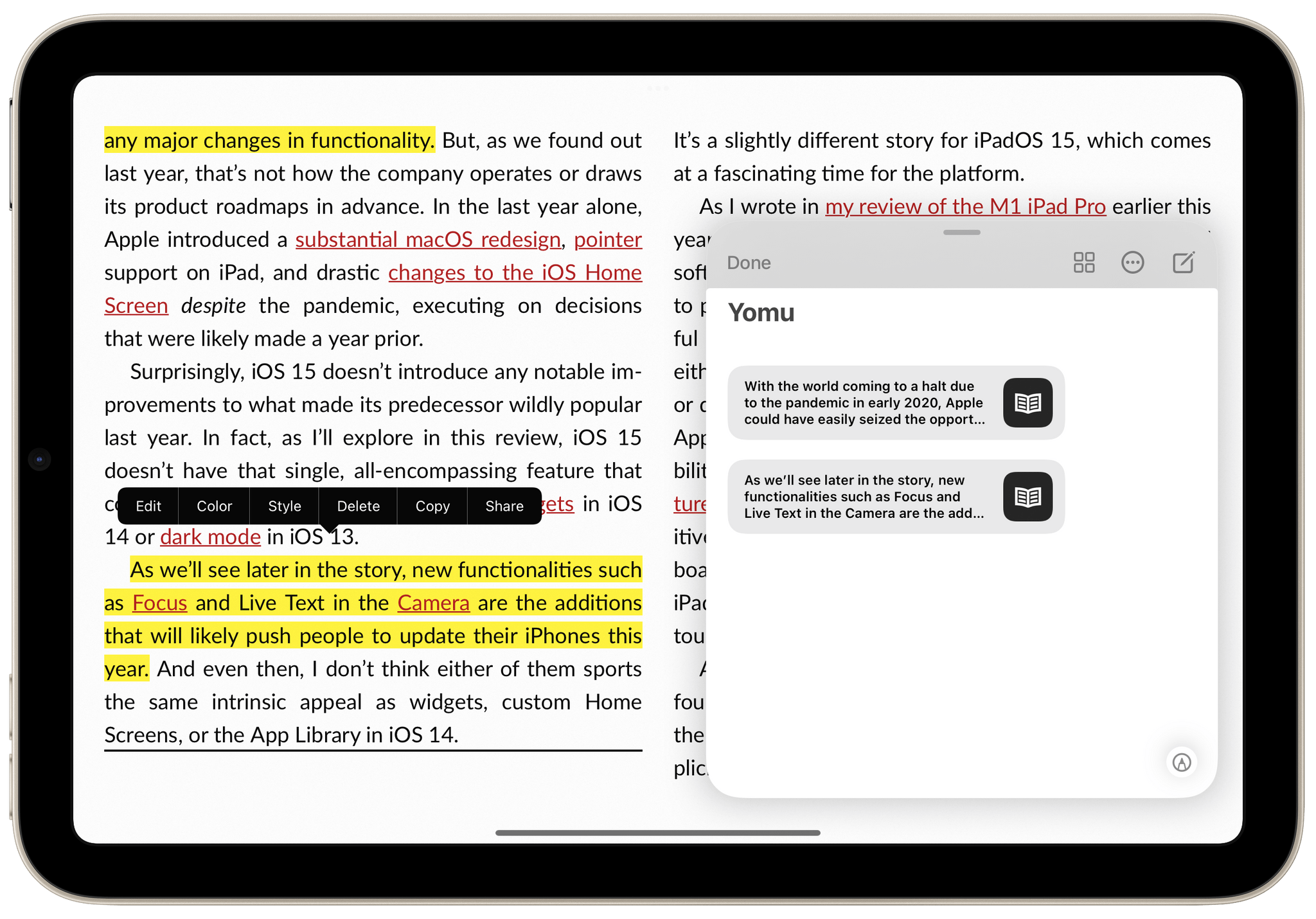 With Yomu, you can save annotations from eBooks as deeplinks in Quick Note. It's perfect for the iPad mini.