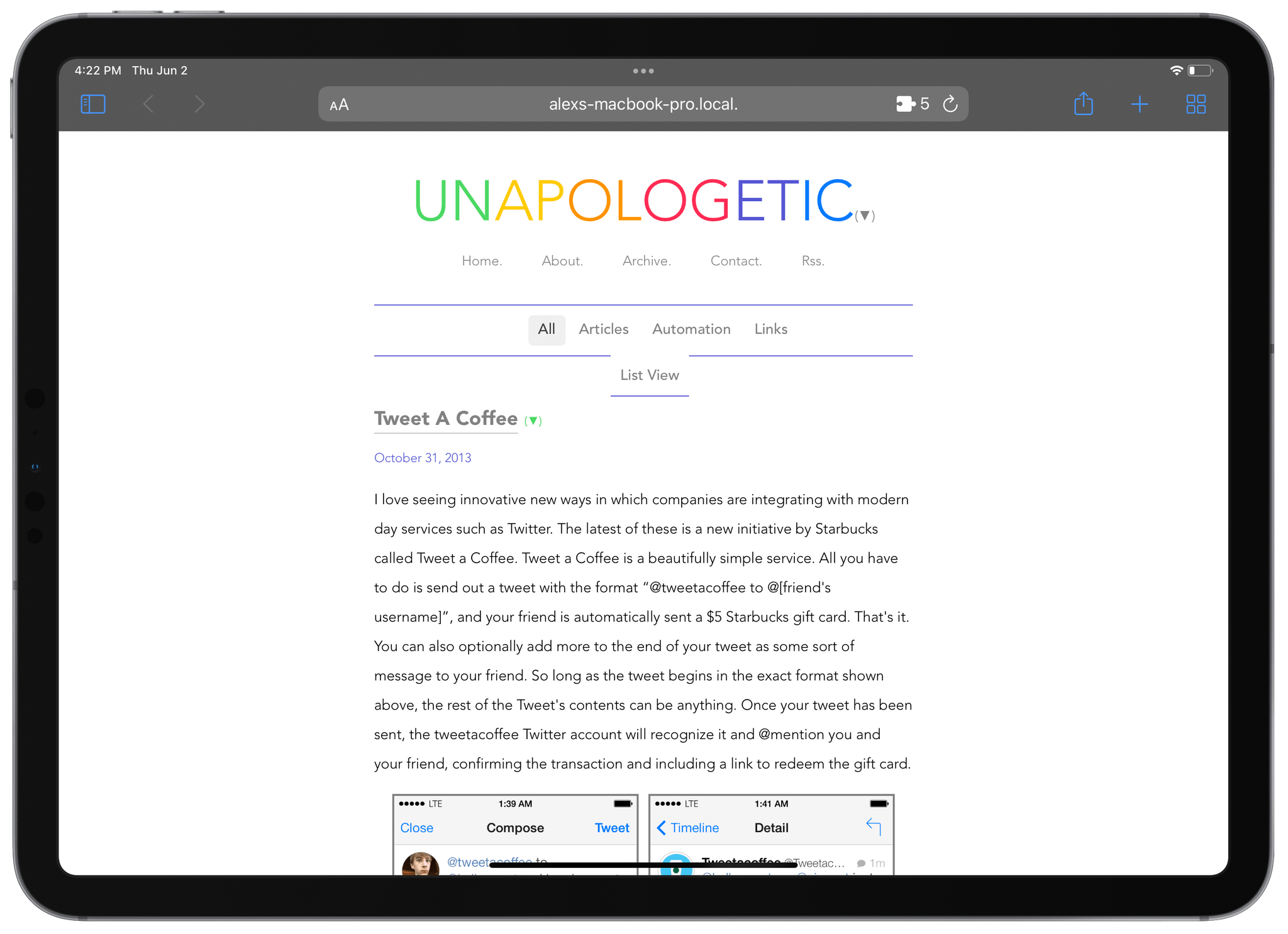 I pointed WorldWideWeb at the directory of my old blog, which contained HTML, CSS, and JS files that I haven't touched in nearly a decade, and it had the website running instantly across all of my devices.