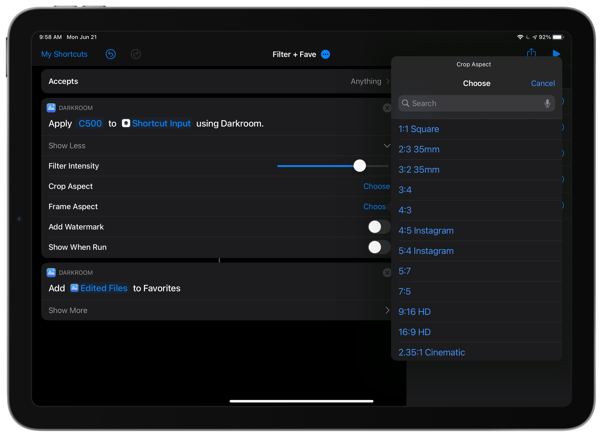 Darkroom can automate cropping to a long list of aspect ratios.