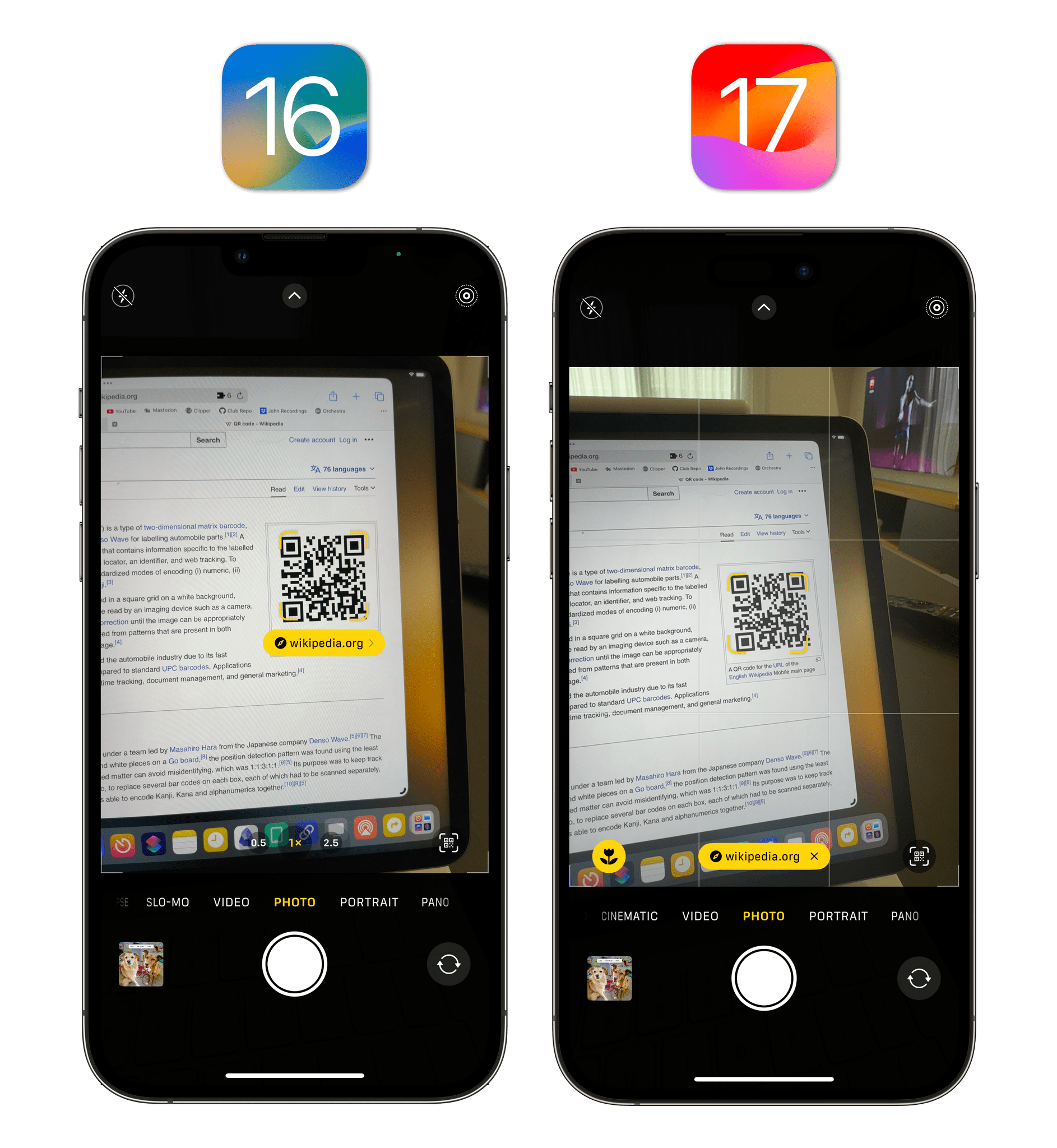 The updated QR scanner UI in iOS 17.