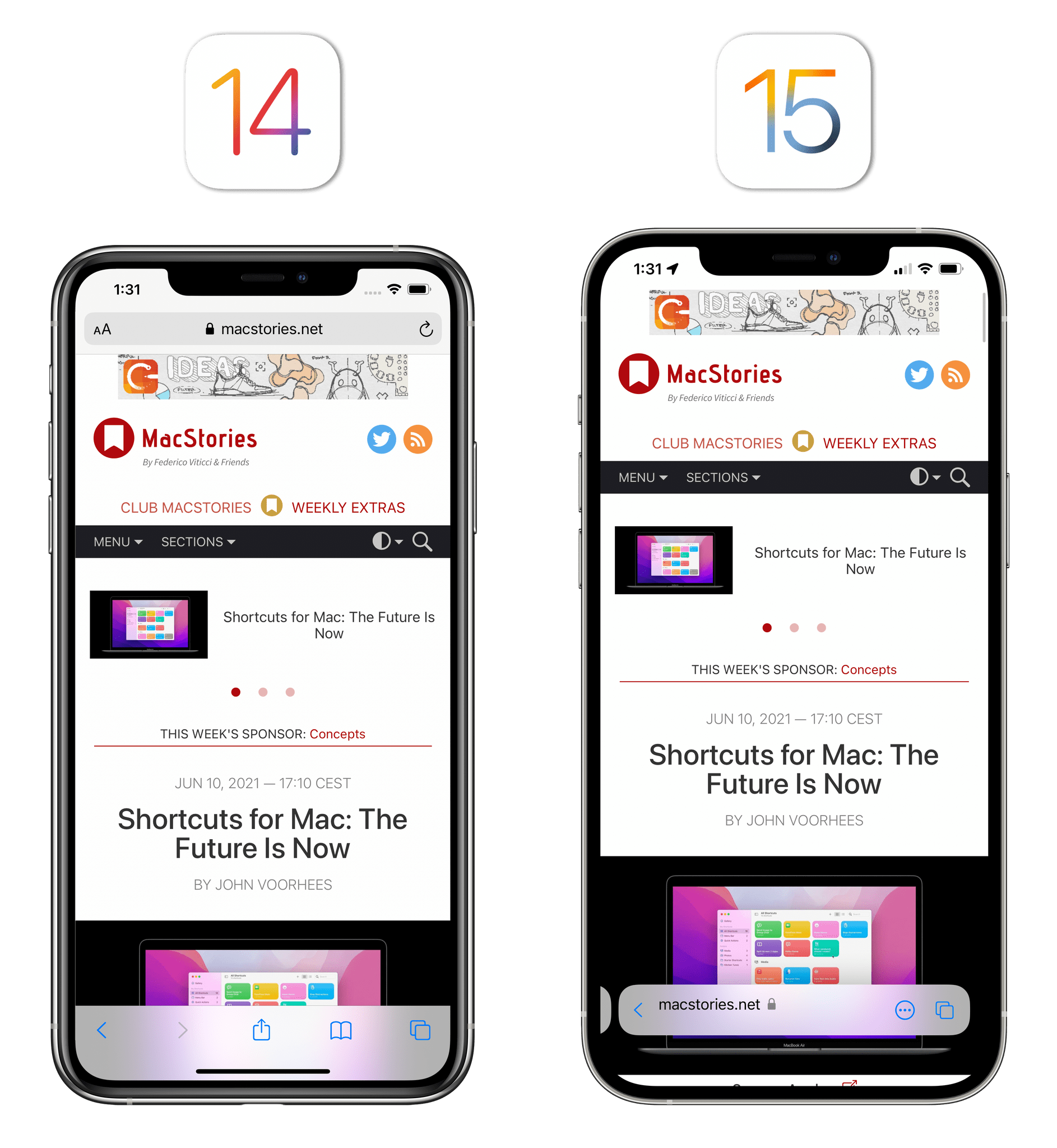 Old and new Safari for iPhone. For context, the phone running iOS 14 is a smaller iPhone XS Max.