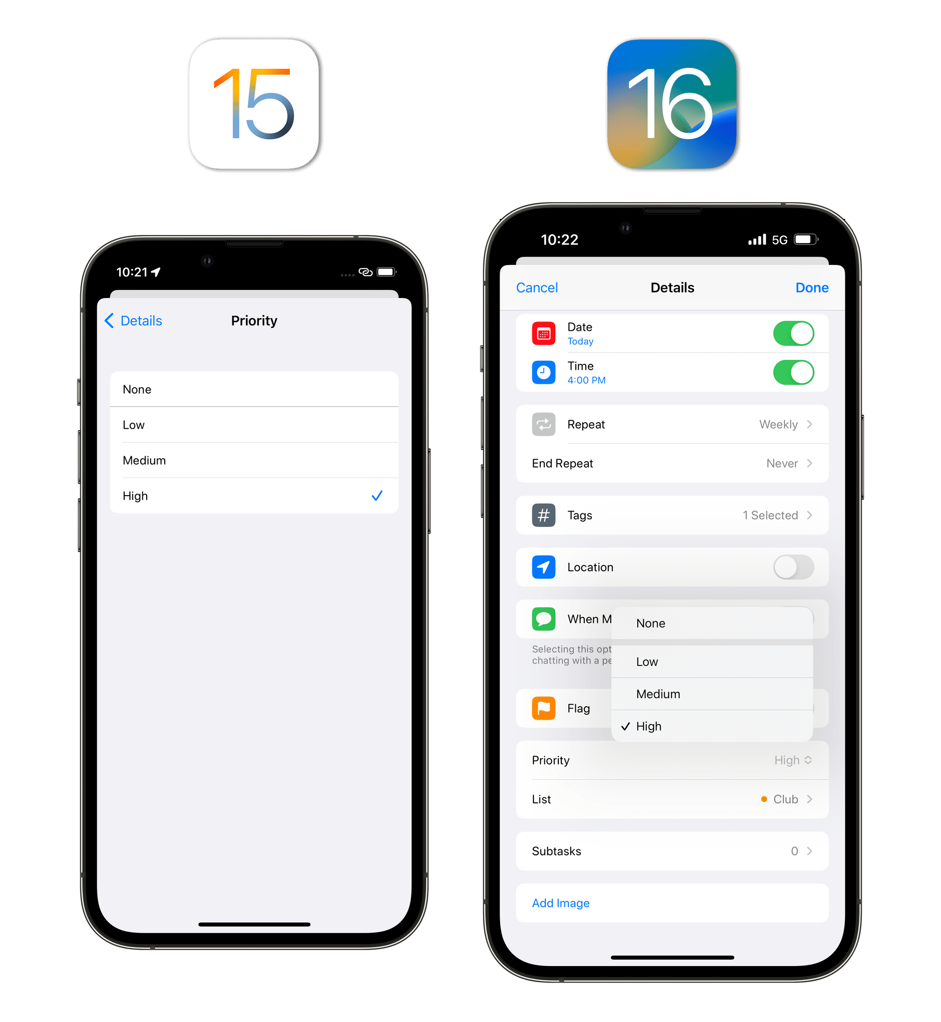 In iOS 16, pull-down menus are used in more places, which makes navigation in apps faster as you're navigating into fewer nested pages.