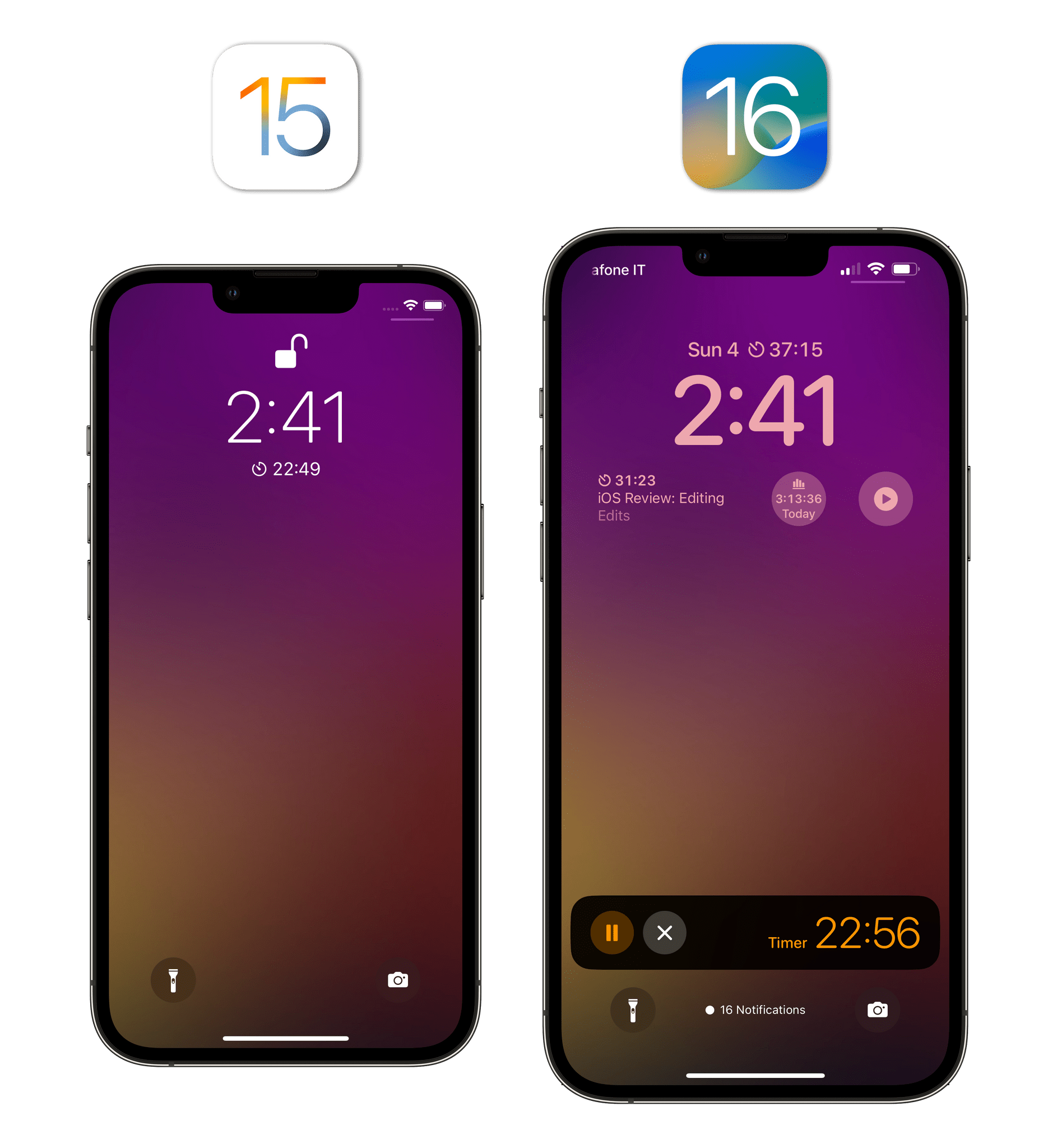 A running timer on the Lock Screen in iOS 15 (left) compared to the new Live Activity-based one in iOS 16.
