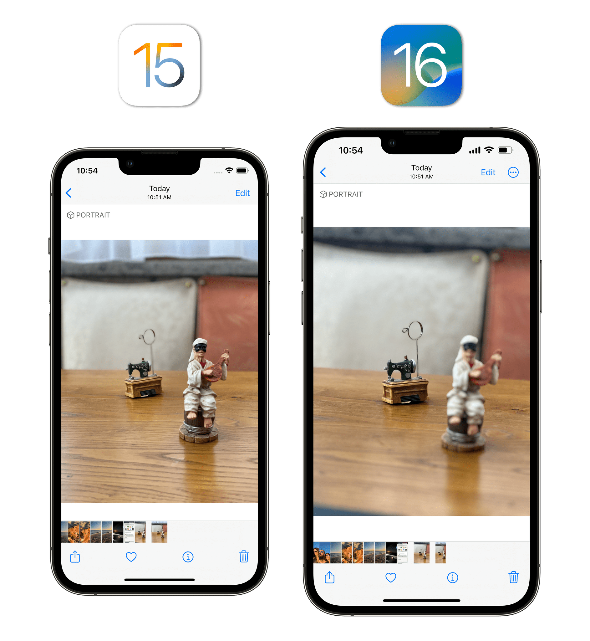 Portrait mode foreground blur as seen on an iPhone 13 Pro Max (right). Notice how the white figurine on the right gets blurred in iOS 16.