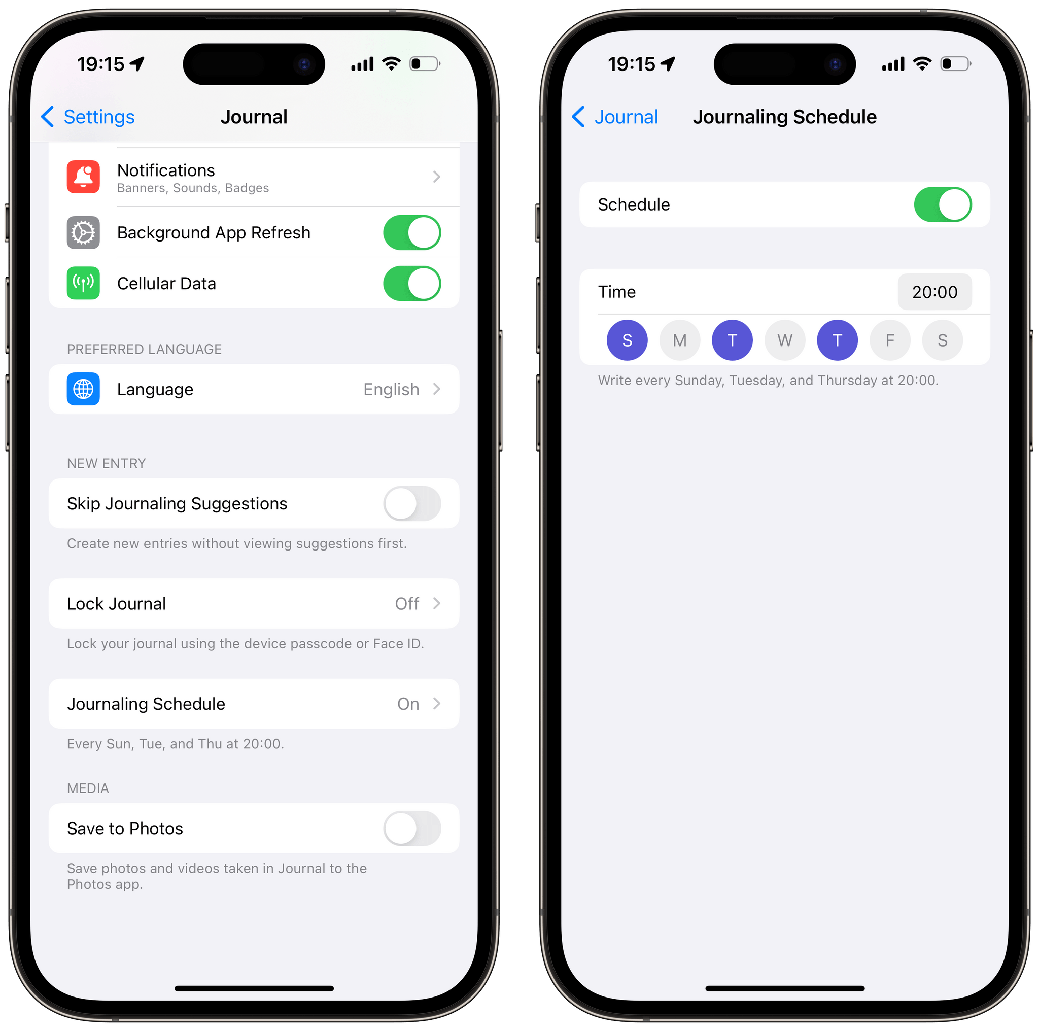 The Journal app's settings are limited to letting you set a schedule, locking Journal behind Face ID, saving new photos to the Photos app, and skipping the suggestions dialog when creating a new entry.