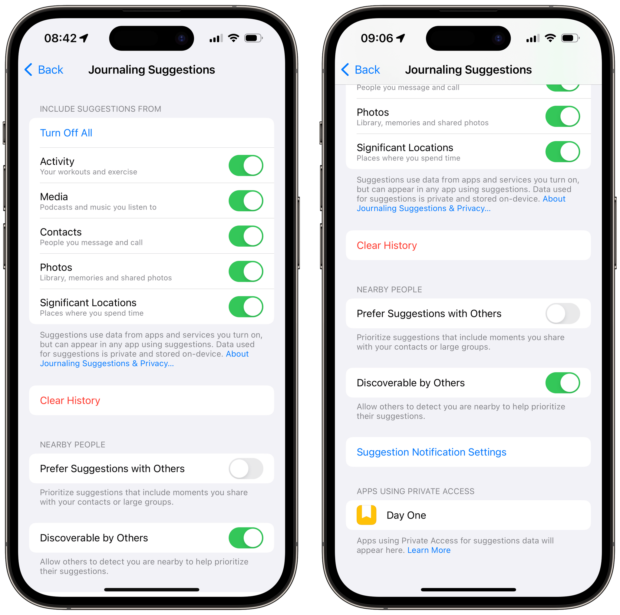 Journaling suggestions can be turned off by data type in the iOS privacy settings. This is also where you can manage access to journaling suggestions by third-party apps.
