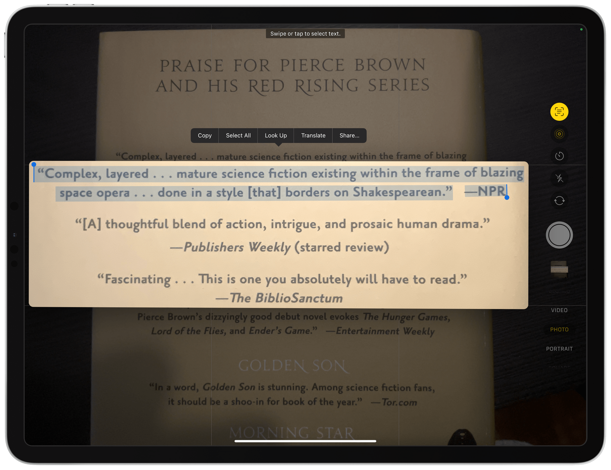 Live Text in the iPad's Camera app.