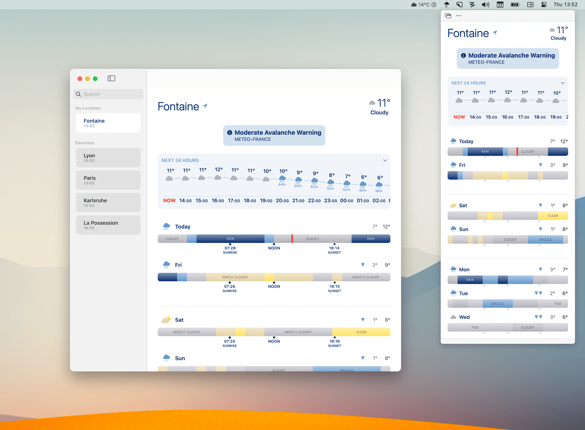 On the Mac, you can add Looks Like Rain to the menu bar, and open a fully-featured mini version of the app inside a popup.