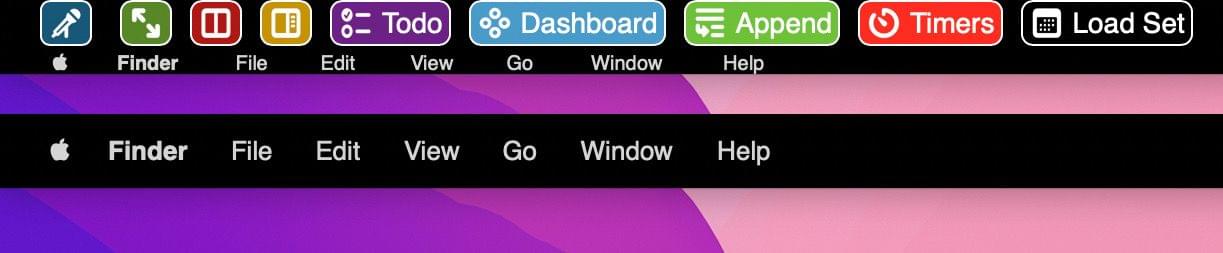 The mini menu bar (top) and the regular menu bar you can get back by swiping up on the notch bar.