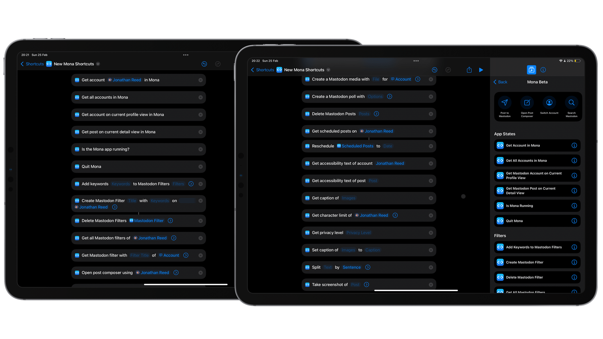 The full list of new Shortcuts actions in Mona 6.
