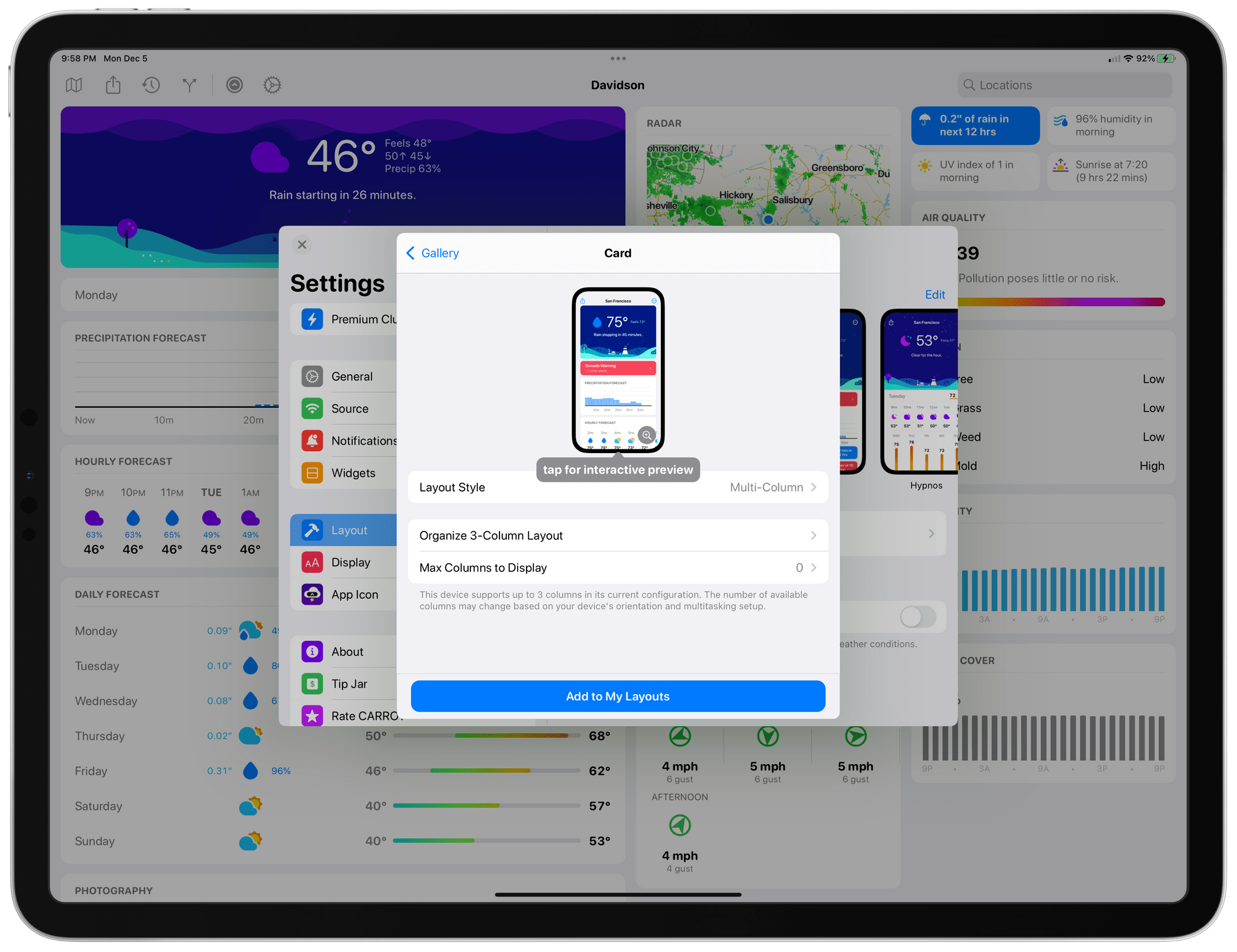 CARROT Weather's new scrollable layout previews.