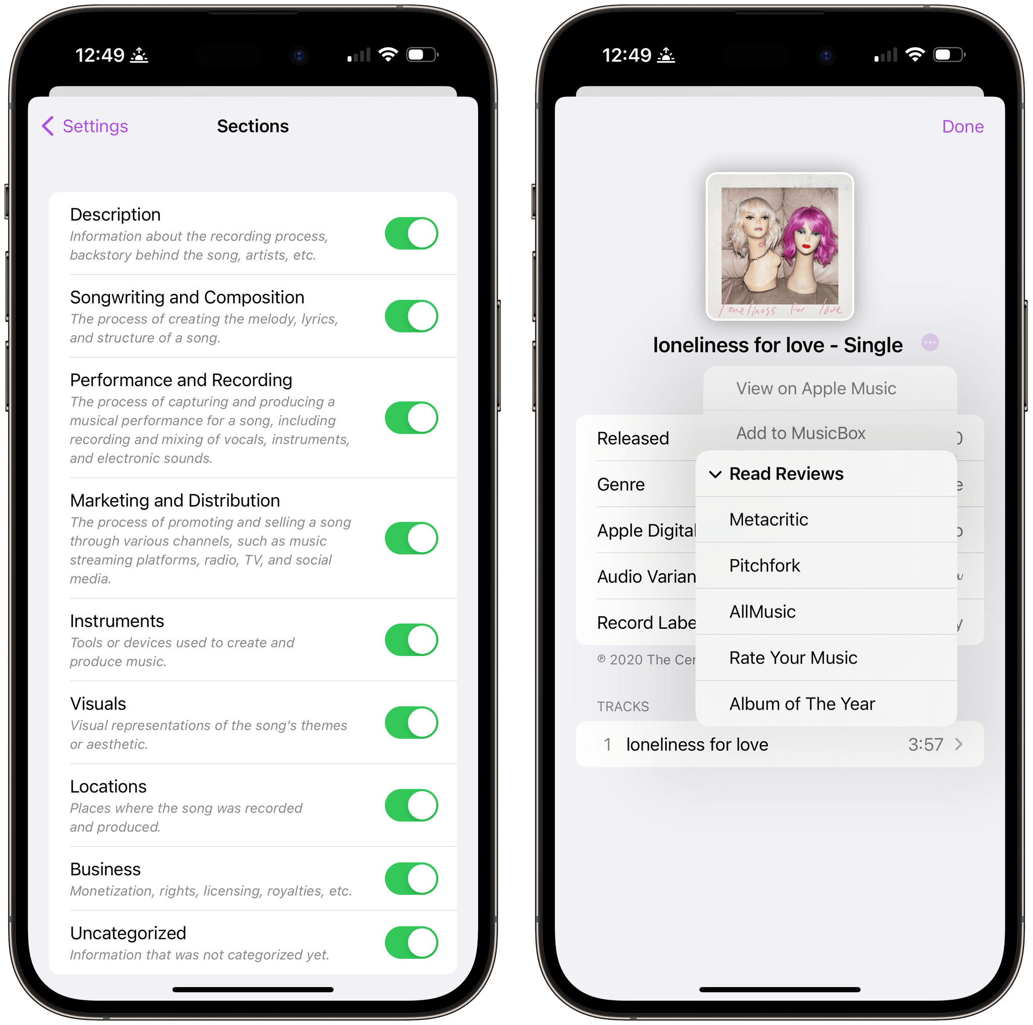 Customizing MusicSmart's sections (left) and new MusicBox integration and review sources (right).