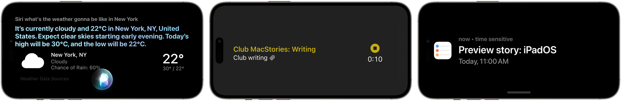 From left to right: Siri, a Live Activity, and an incoming notification as shown in StandBy.