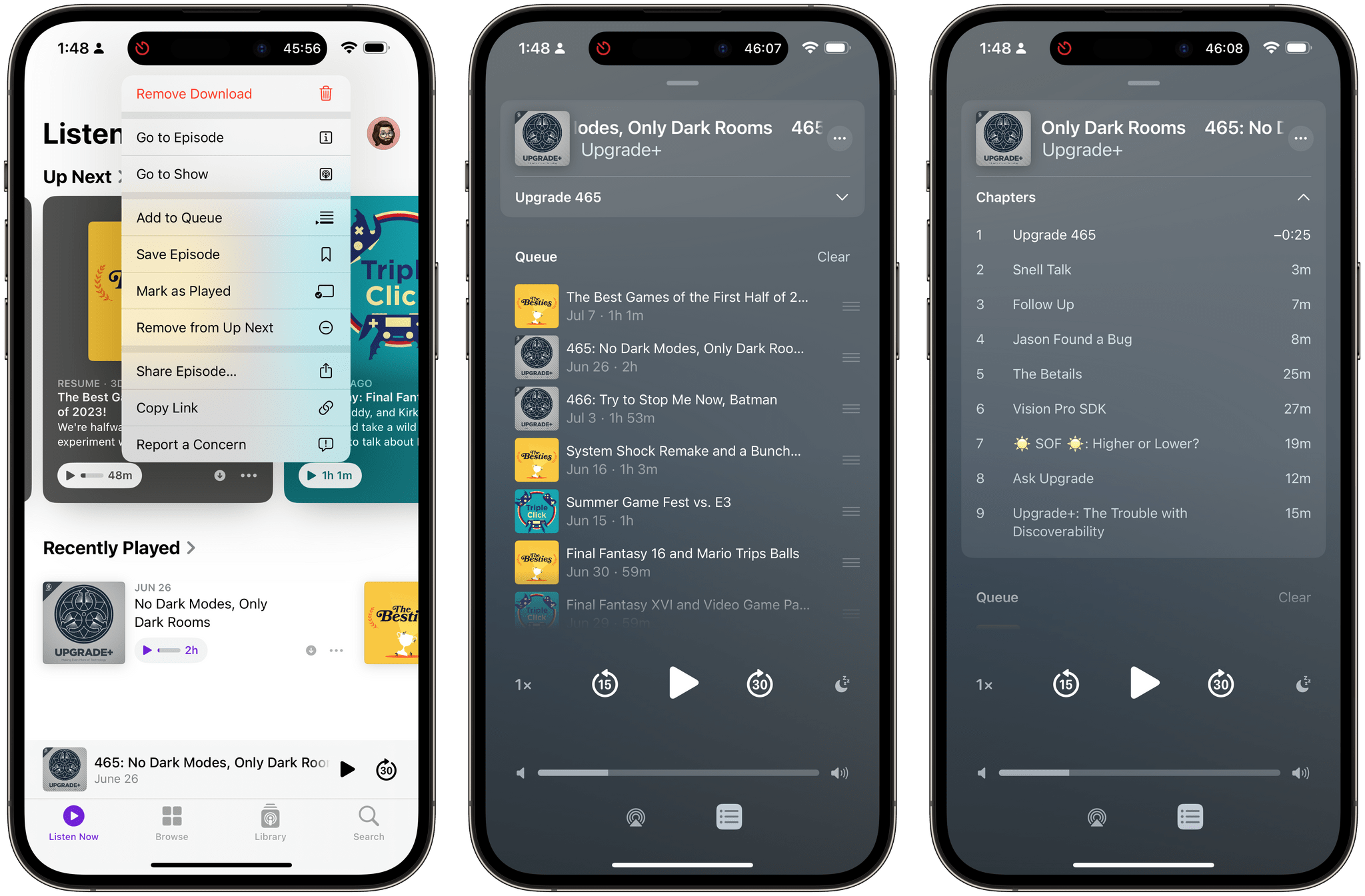 The new queue system and chapter switcher in the Podcasts app.