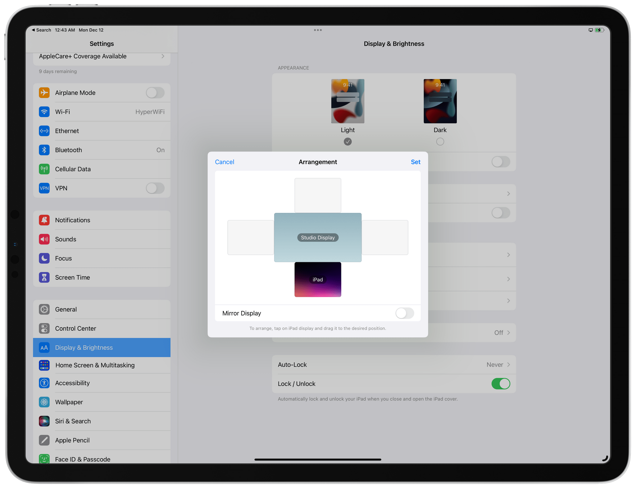 The new display settings for a connected display in iPadOS 16.2.