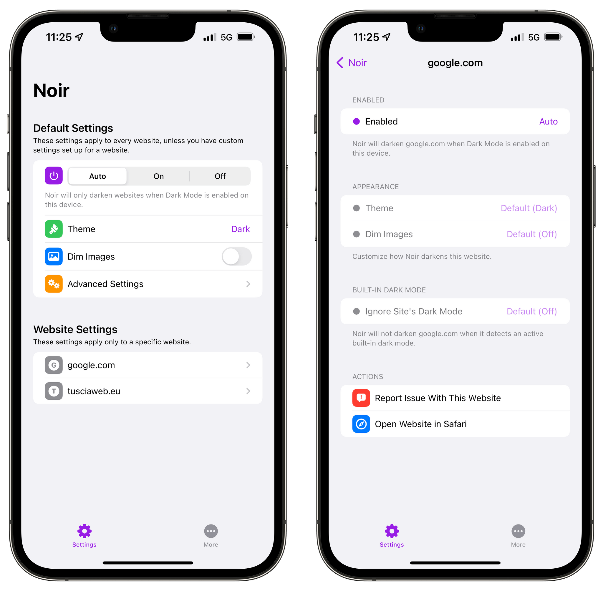 Noir offers a selection of settings to tweak its dark mode behavior.