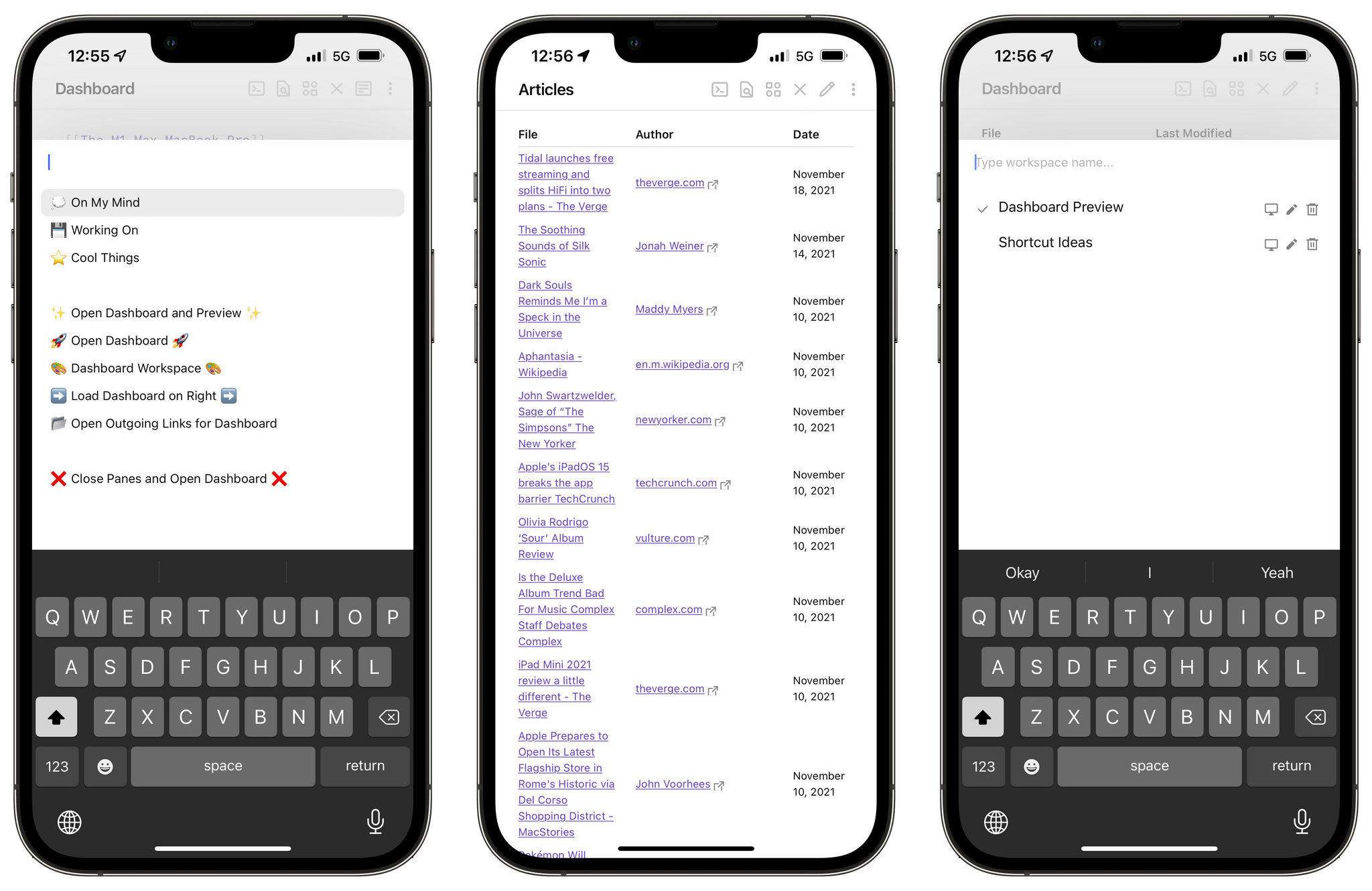 From left to right: QuickAdd, Dataview, and Workspaces Plus in Obsidian.