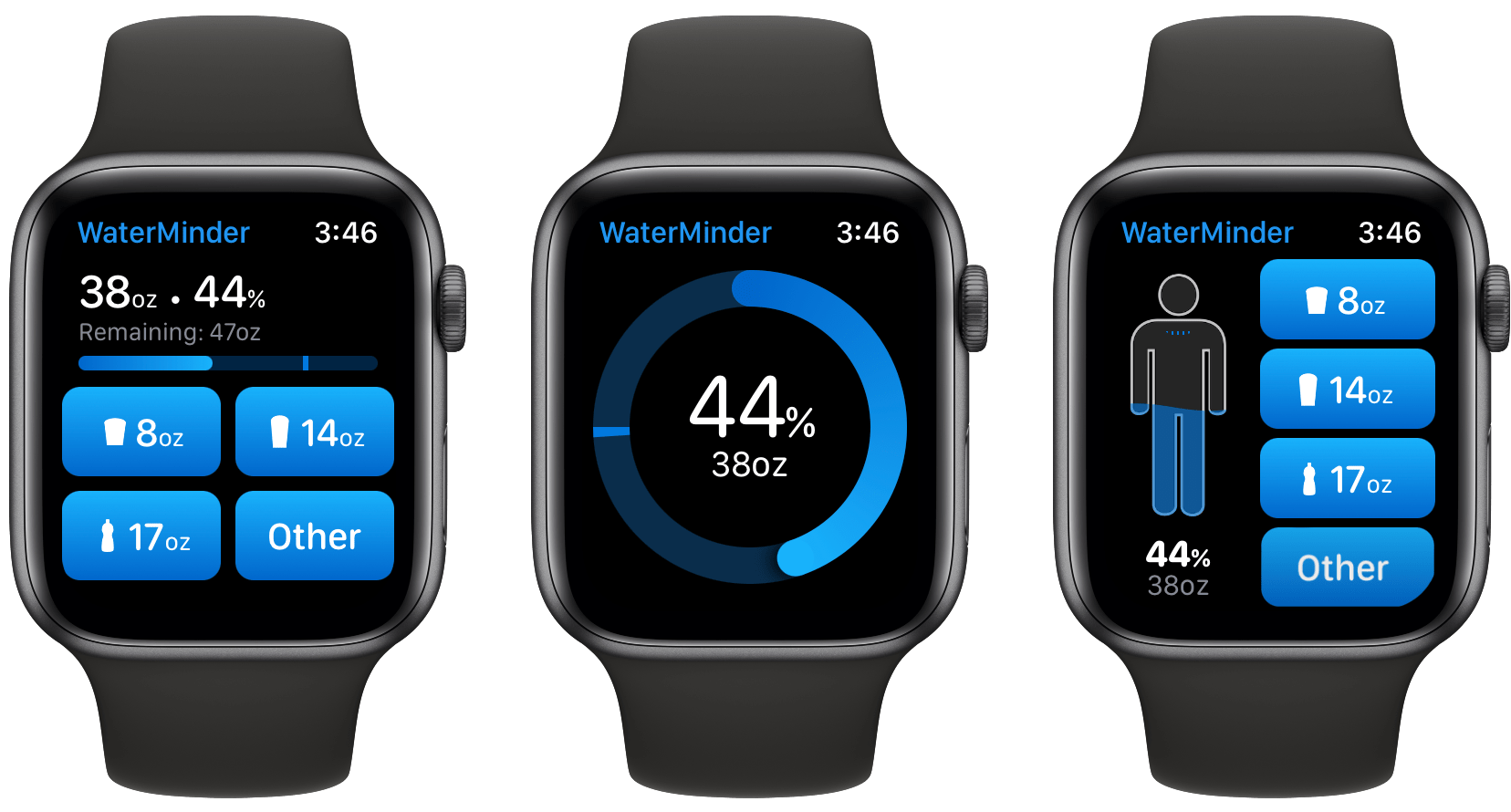 WaterMinder's Watch app features three different home screen layouts.