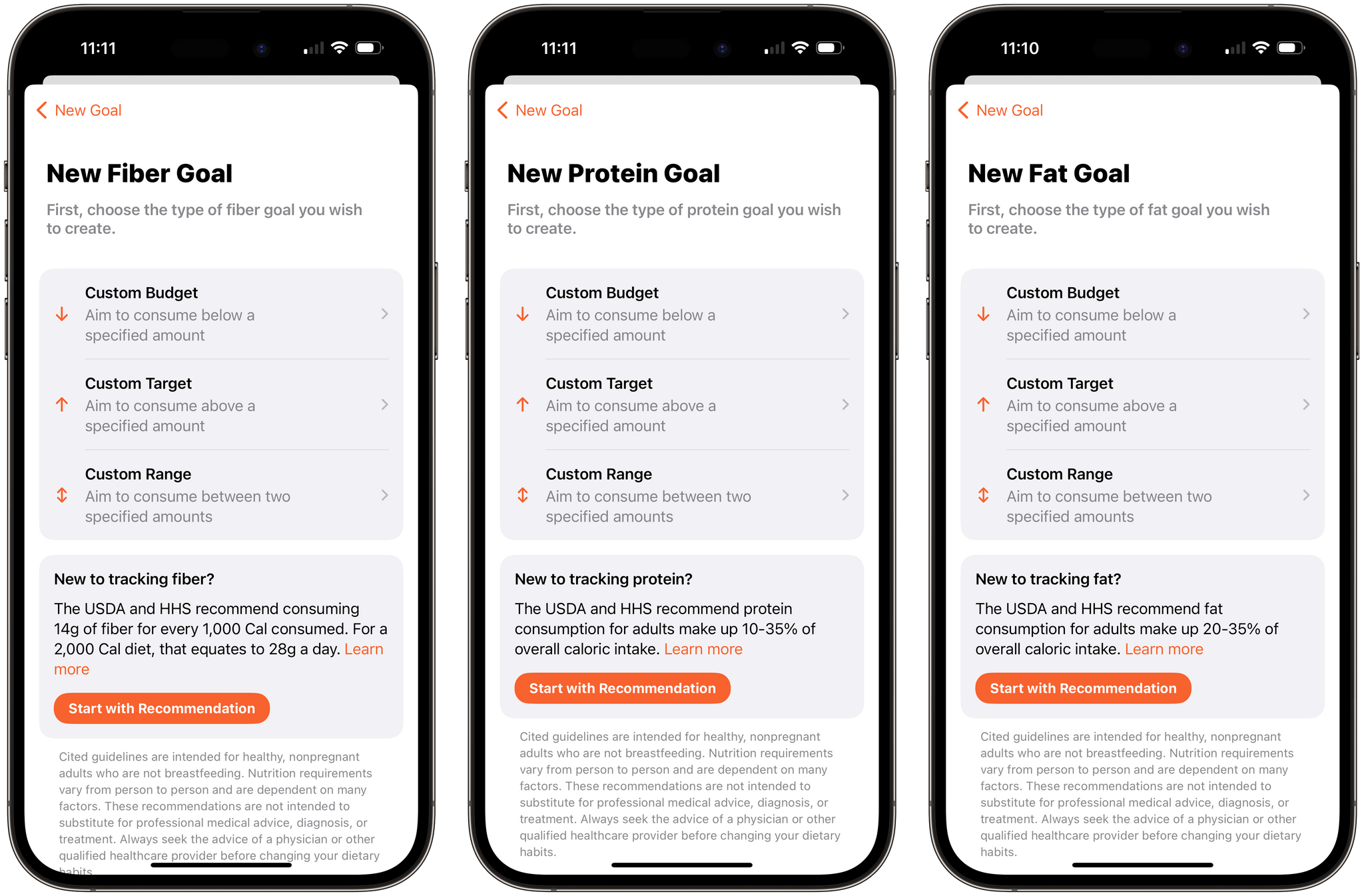 If you don't know where to start with setting goals, FoodNoms 2 has suggestions for macro goals based on US government guidelines.