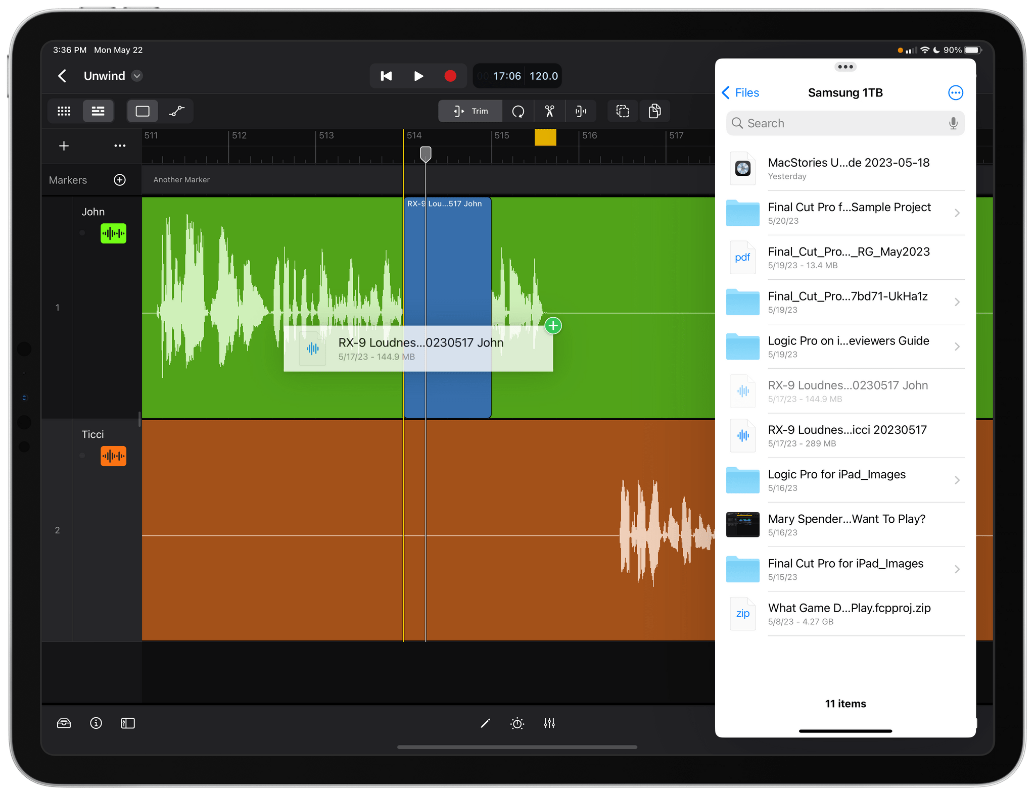 Dragging audio files into Logic Pro for iPad from an external SSD connected to my iPad Pro using Files.