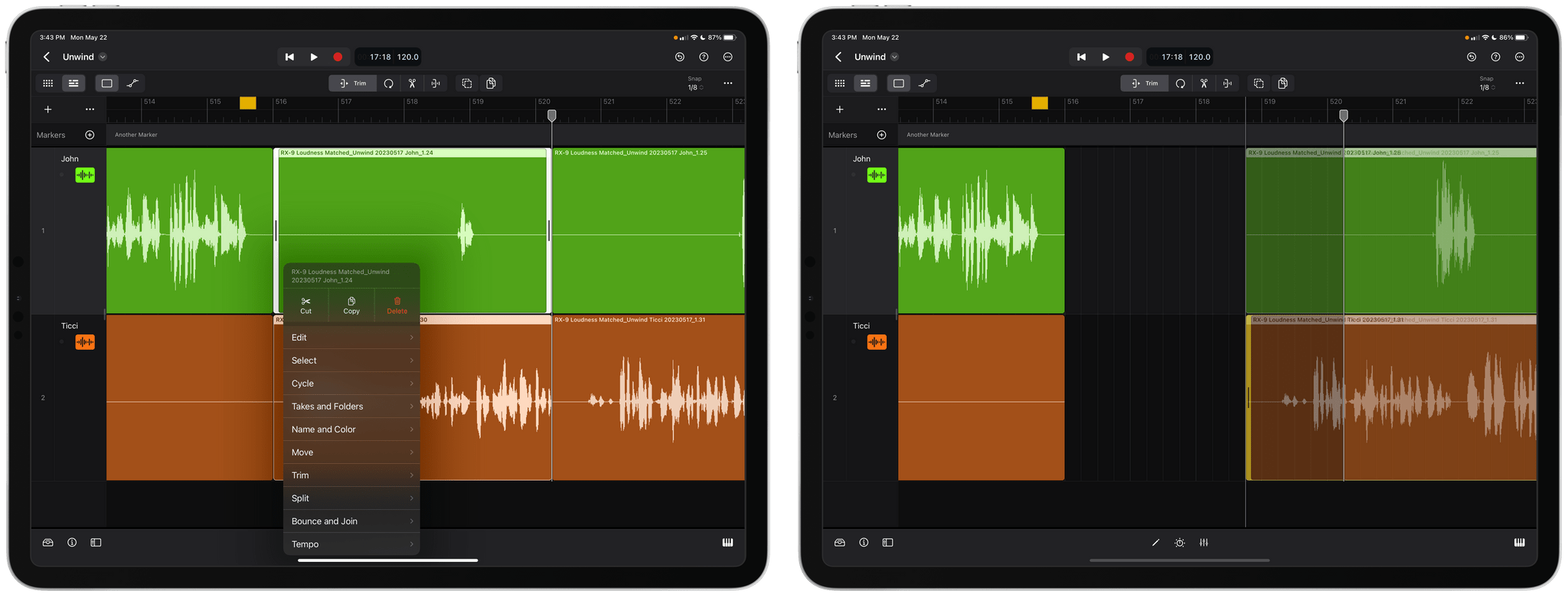 Deleting an audio segment and closing the gap in Trim mode.