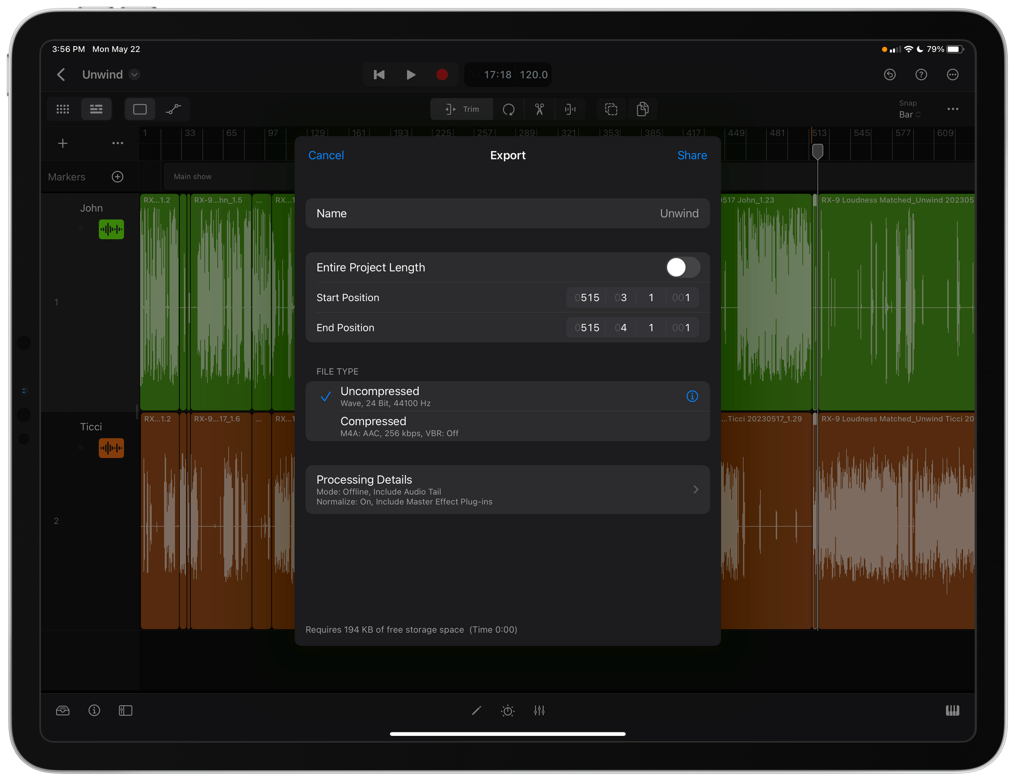 Exporting a project to an uncompressed WAV file.