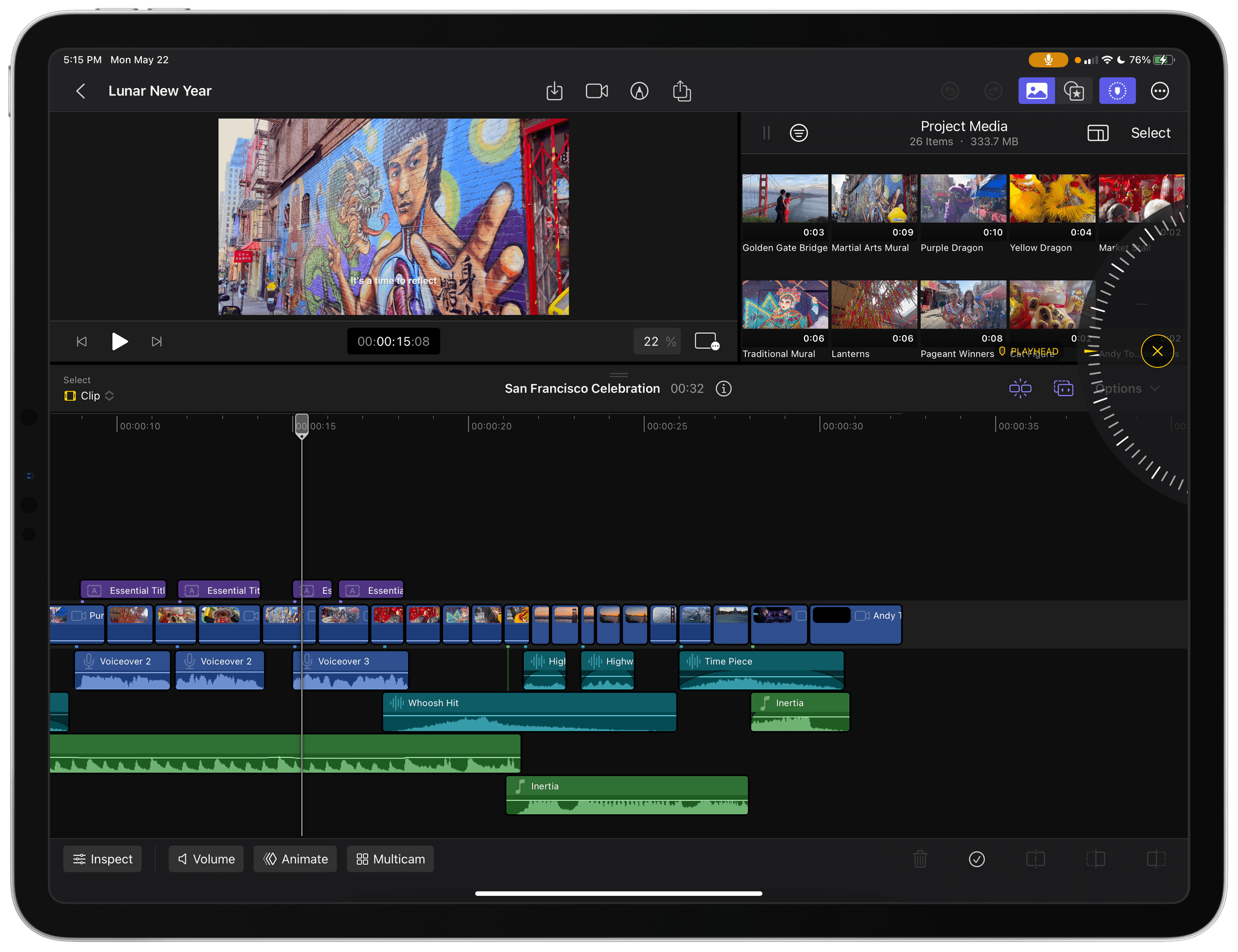 Final Cut Pro's jog wheel is an incredibly natural feeling way to review clips.