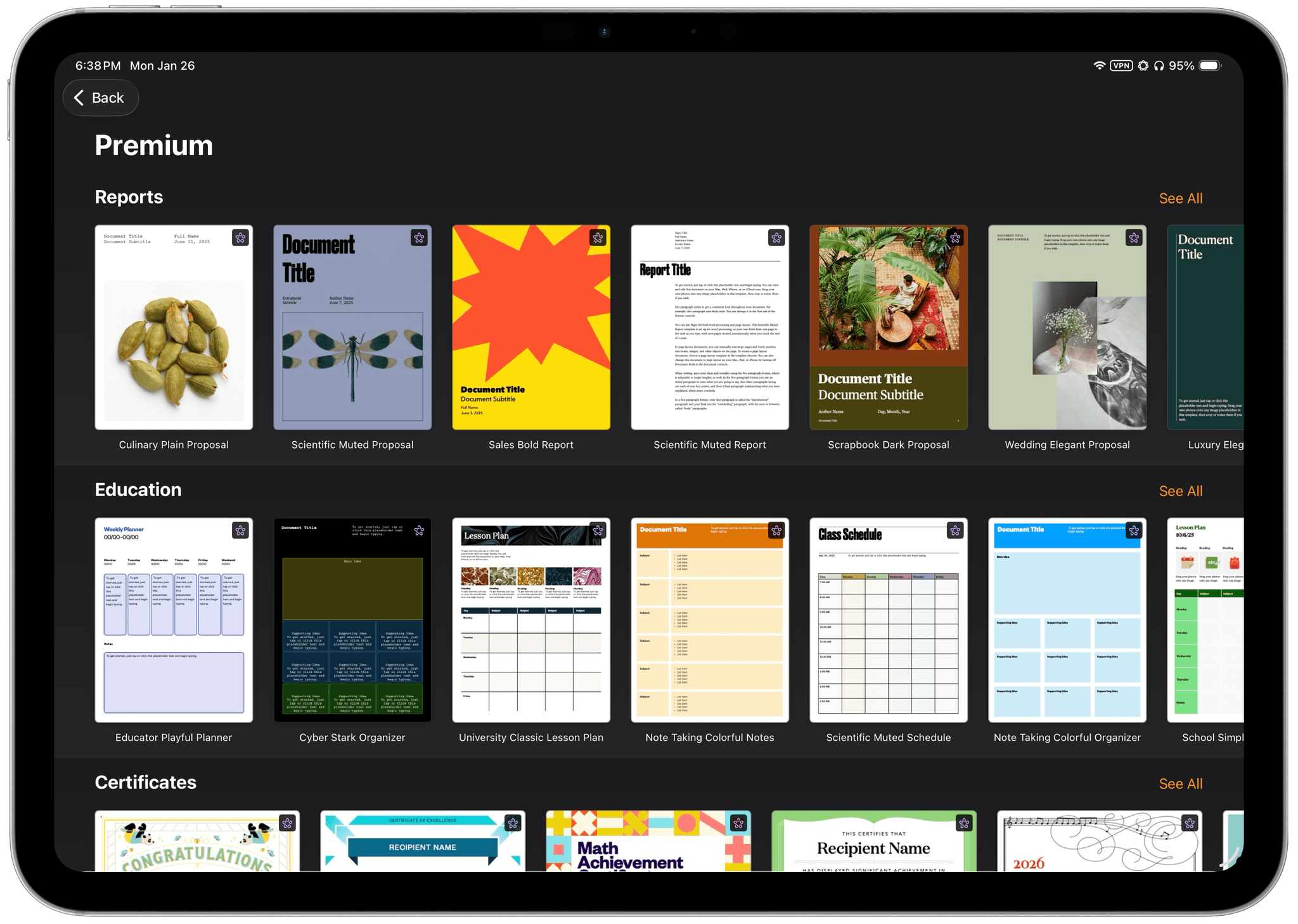Pages, Numbers, and Keynote include premium Content Hub templates like these for Pages. Freeform will get Content Hub later this year.