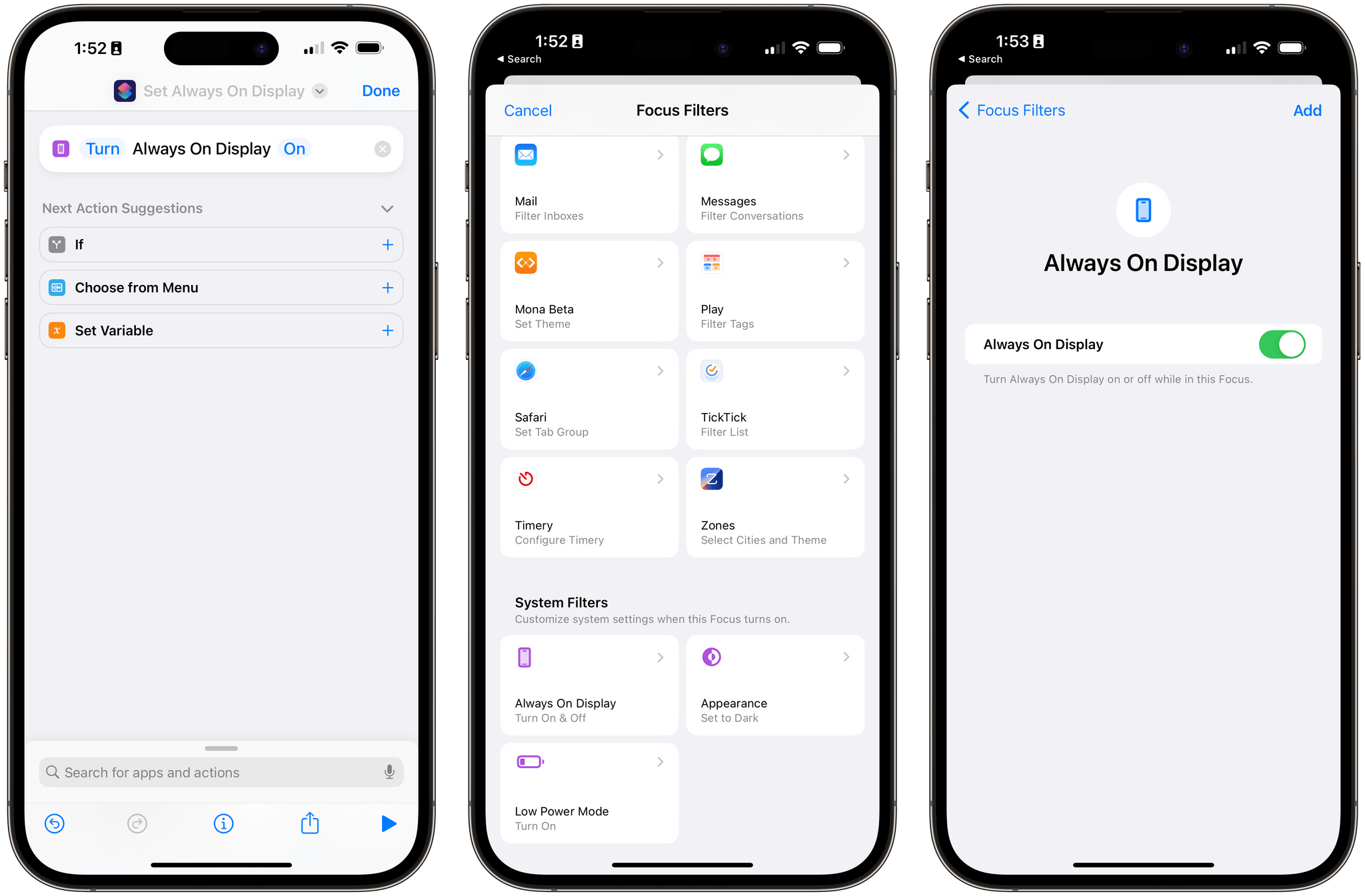 The ability to control the Always-On Display is both a Shortcuts action and system Focus Filter in iOS 16.4.