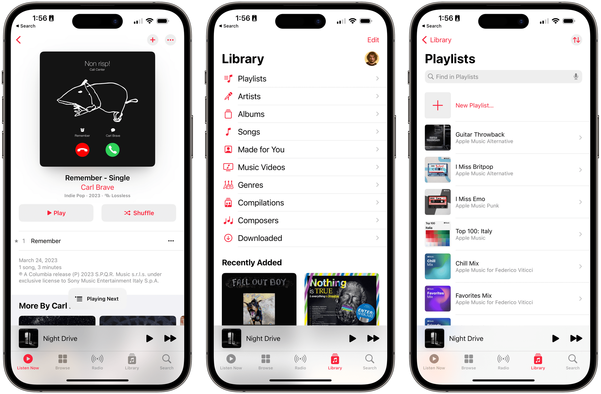 The new in-app alerts for Music (left).