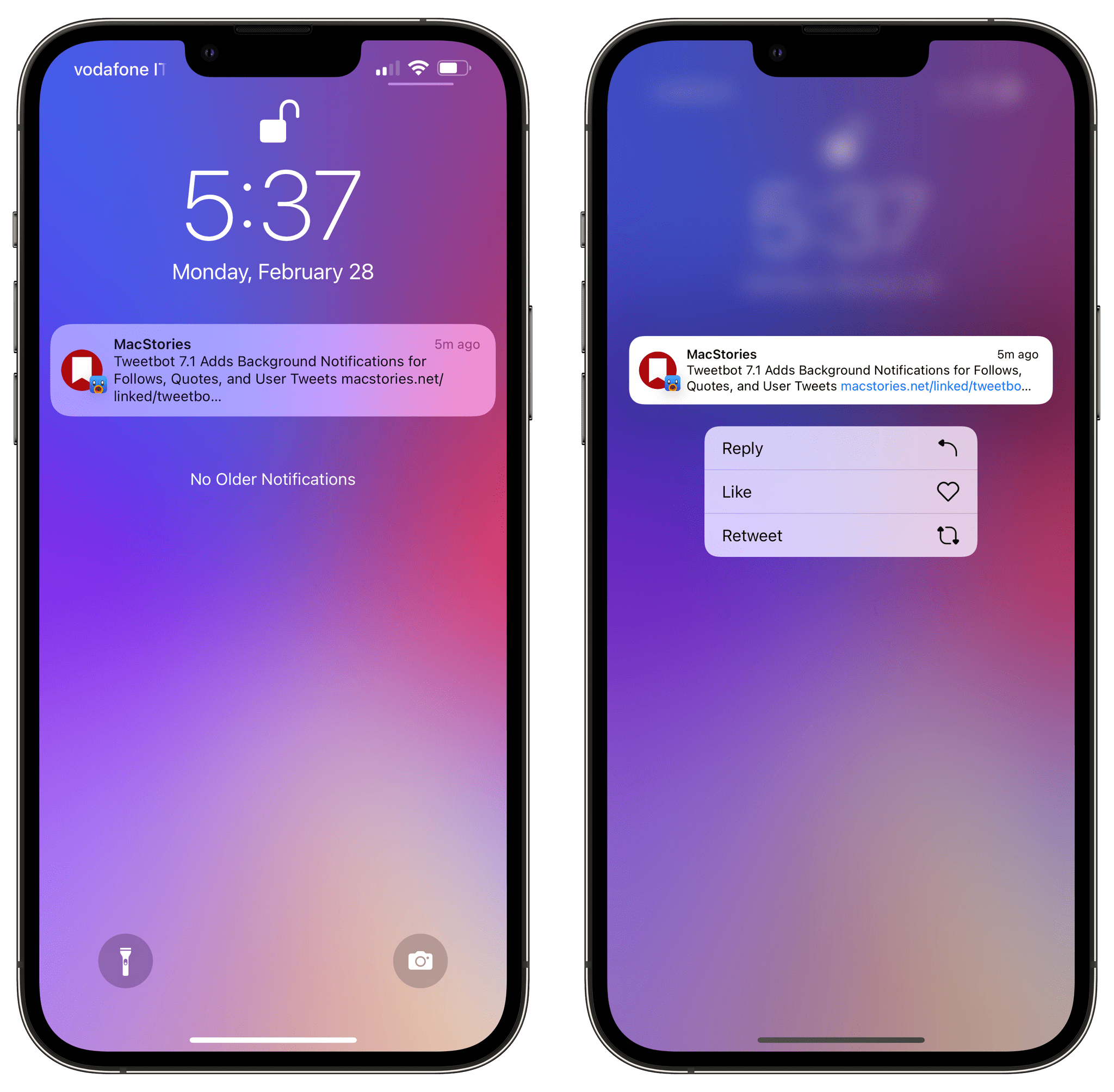 A tweet notification from Tweetbot. This one took about four minutes to arrive – not too bad considering they're not based on push notifications.