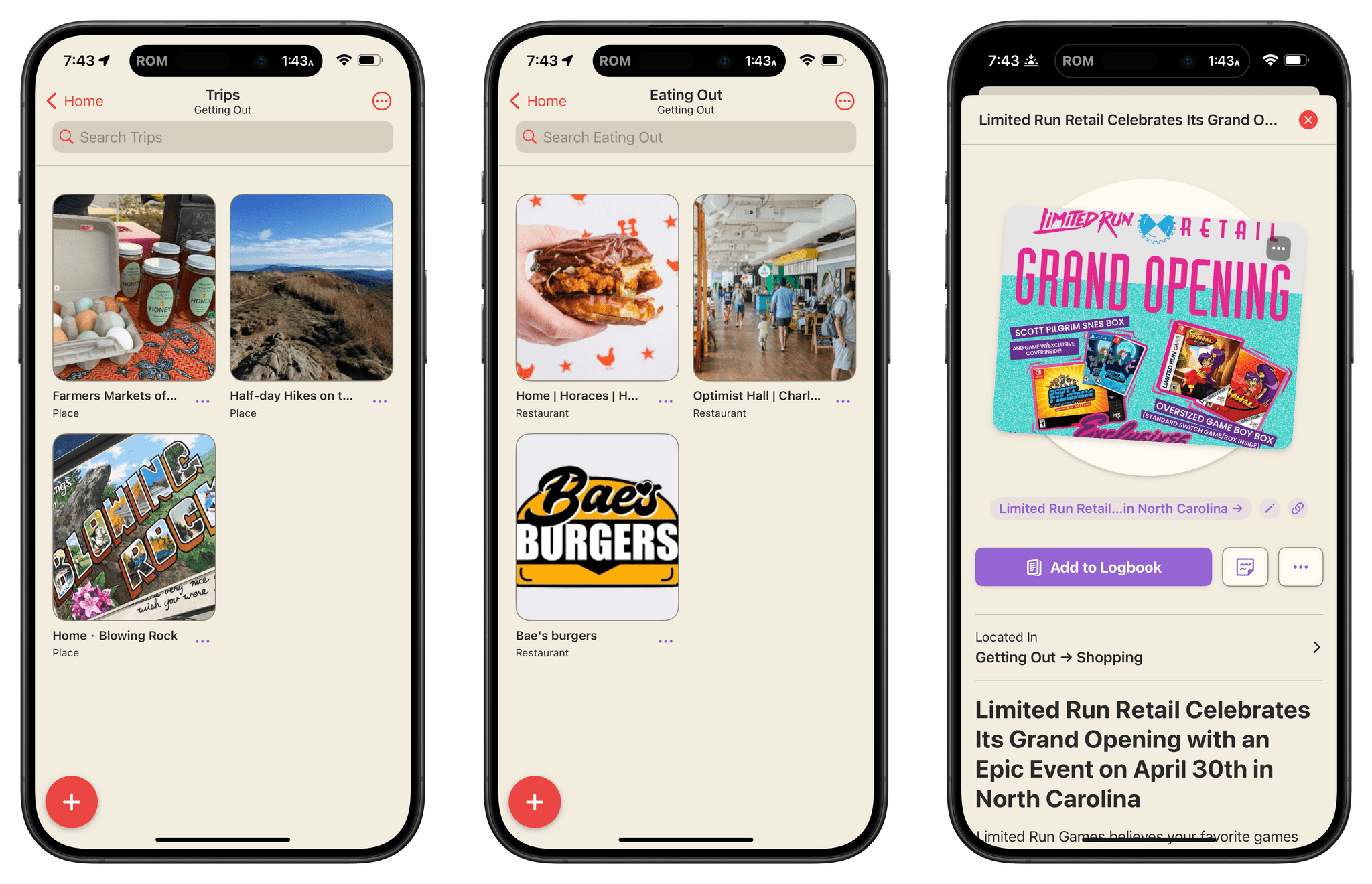 Trip, restaurant, and shopping entries created using custom Categories.