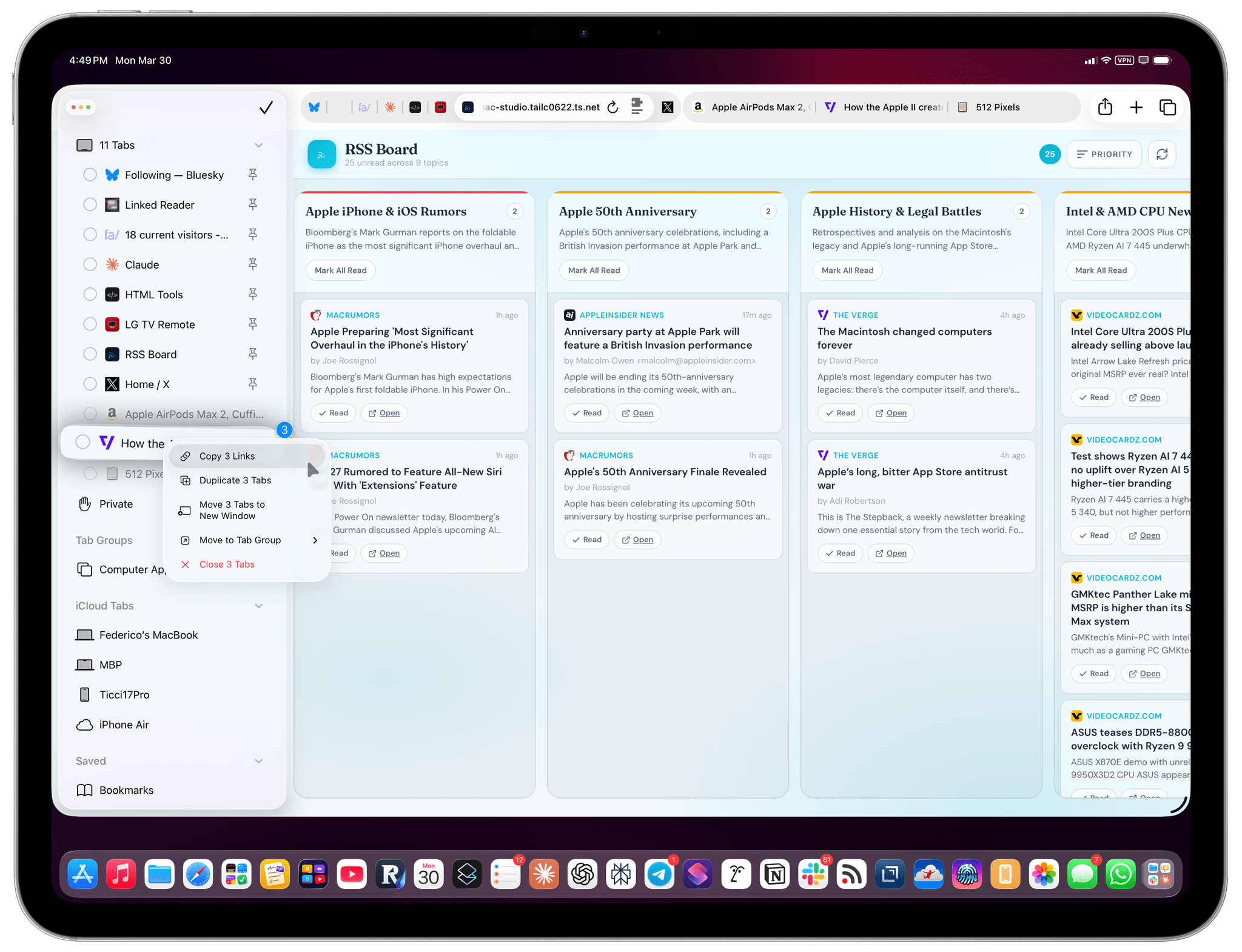 Command-click to select multiple tabs, then right-click to perform batch actions.