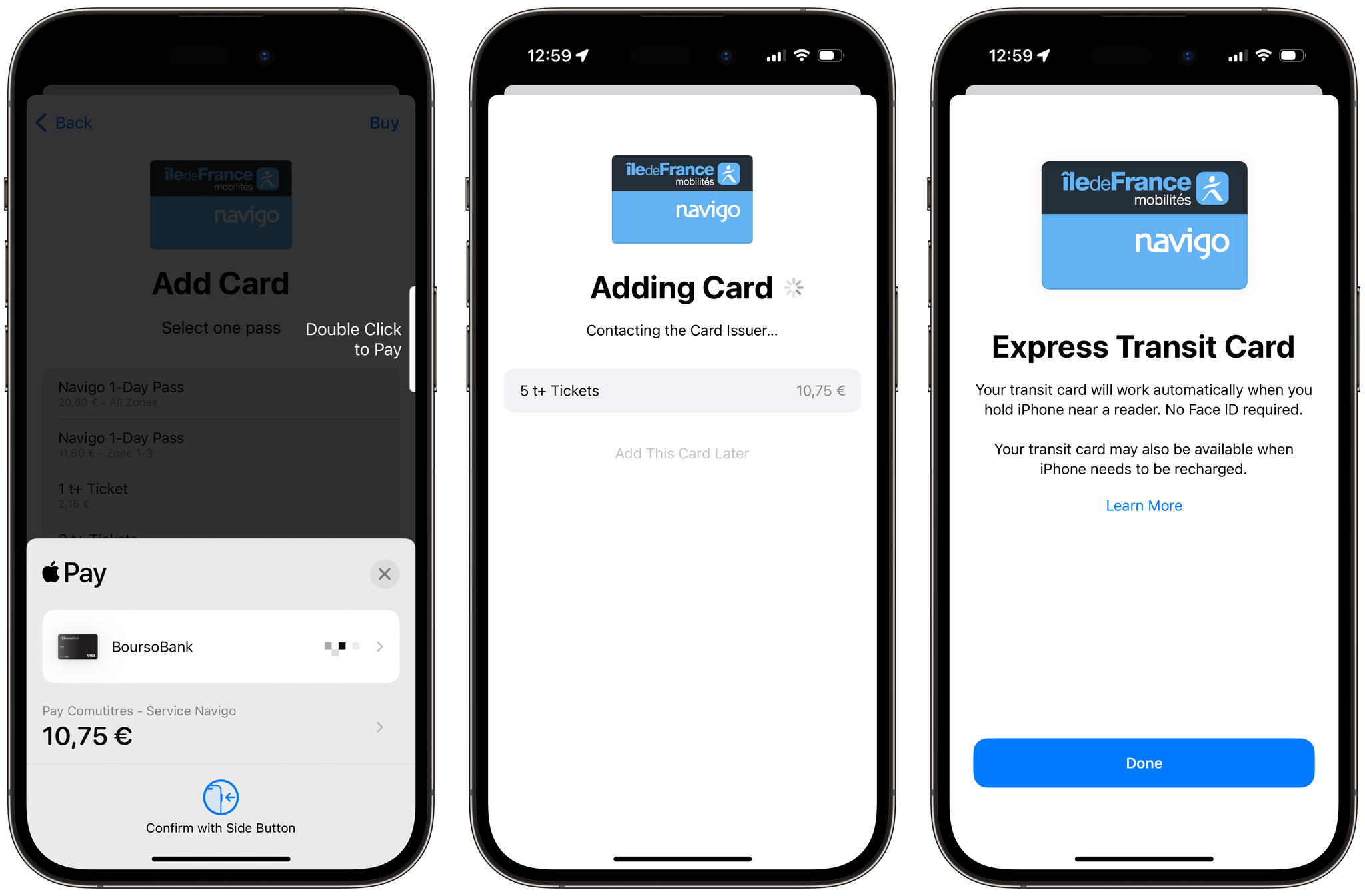 Loading tickets onto the Navigo Pass in Apple Wallet, and enabling Express Mode.