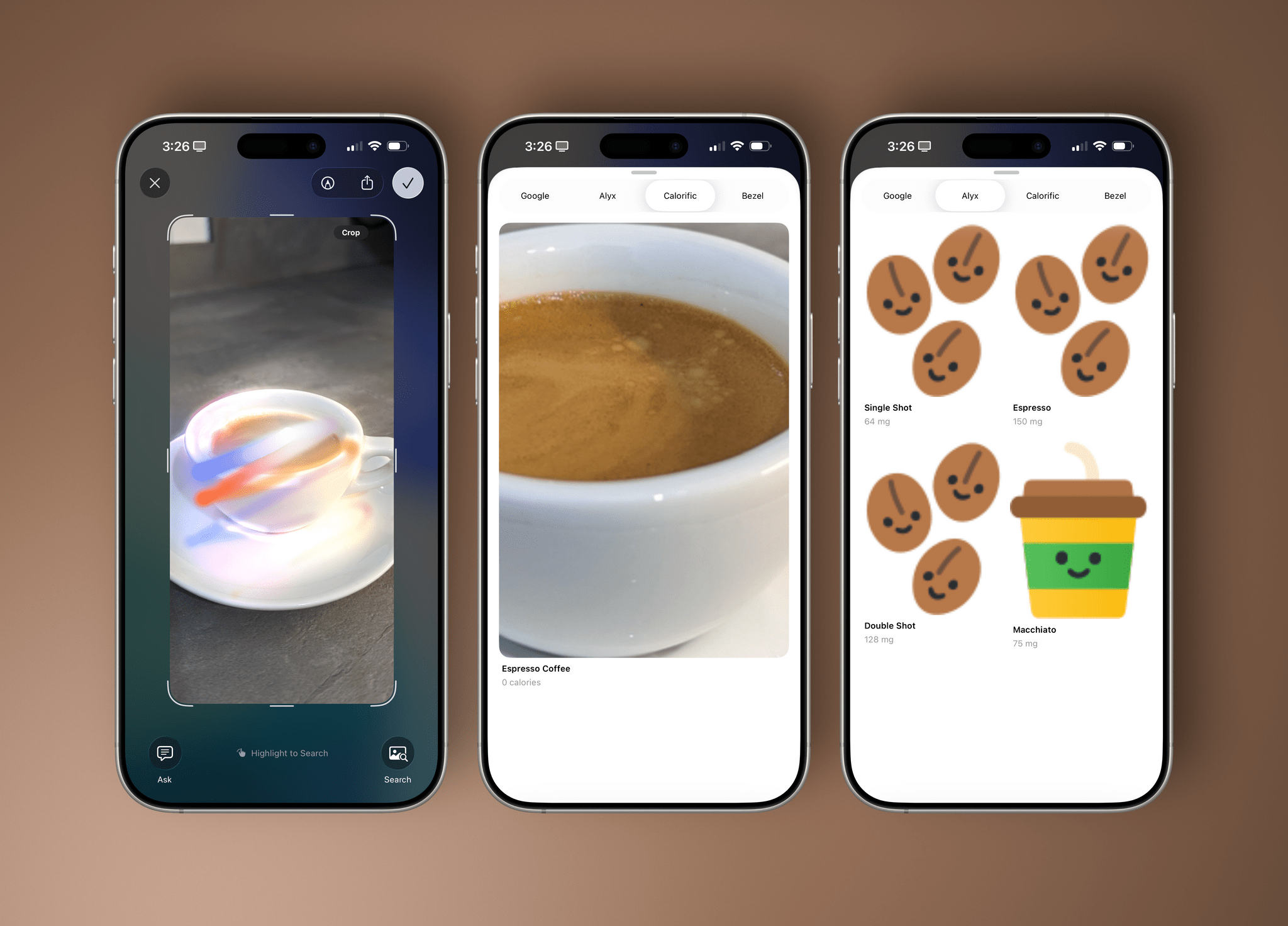 Third-party apps integrated in Visual Intelligence. Both recognized my espresso.