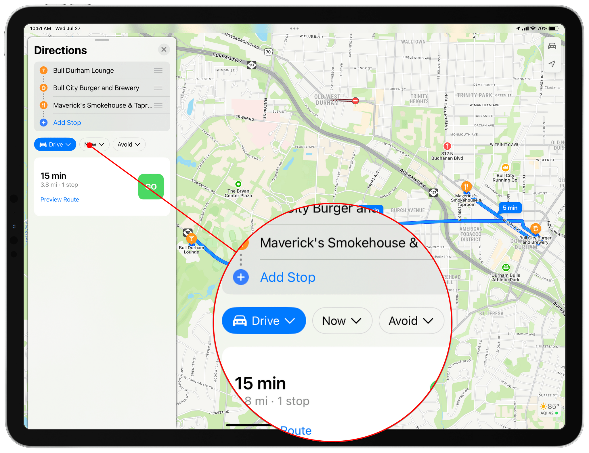 Maps uses new buttons with drop-down menus for trip options.