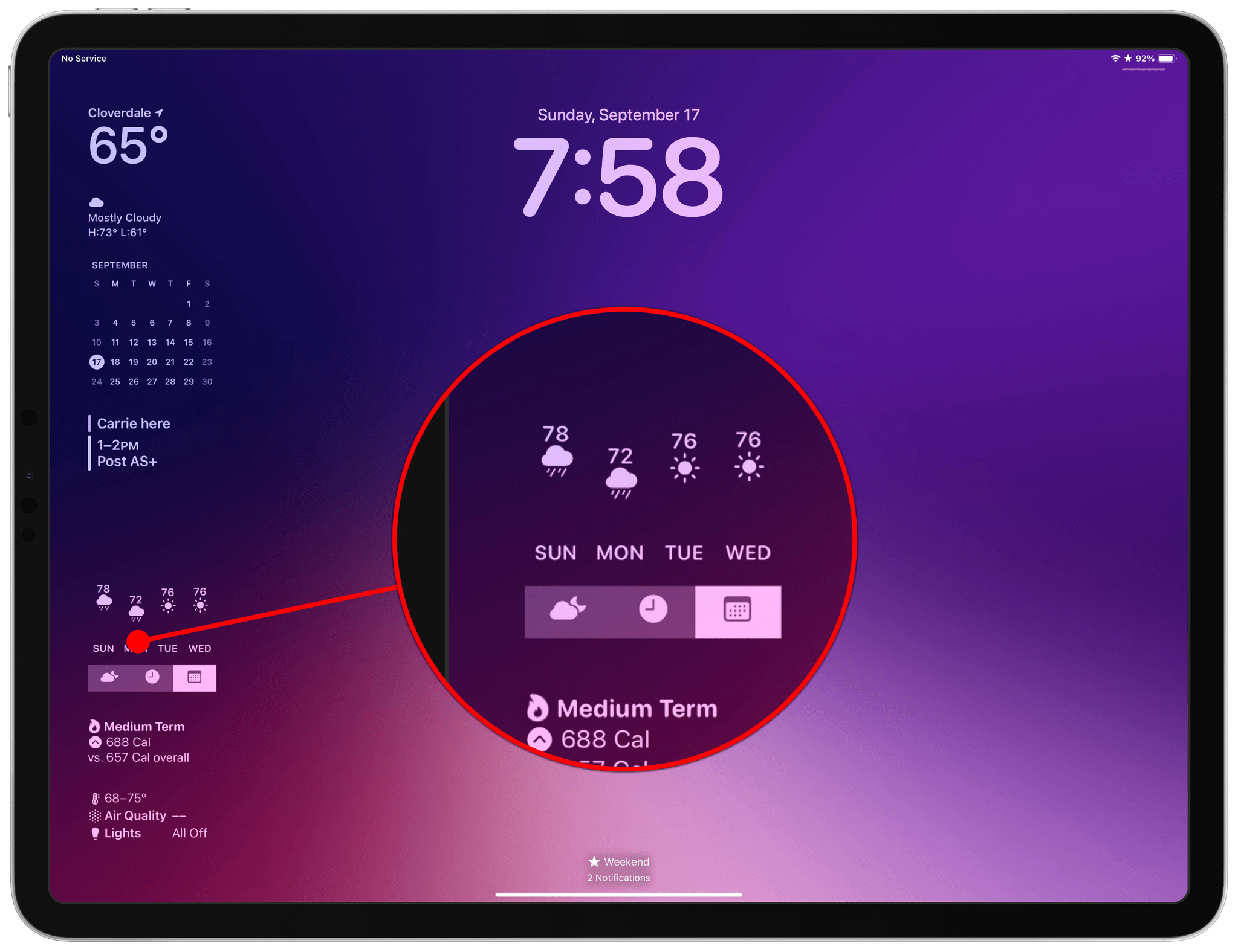 A Widgetsmith weather widget on the iPad's Lock Screen. 