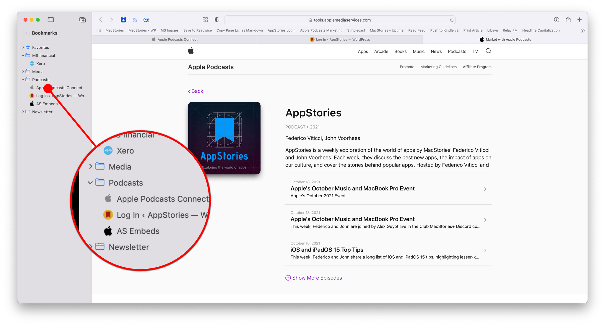 I have a few sites I use every time I produce AppStories, so they're bookmarks, not a tab group.