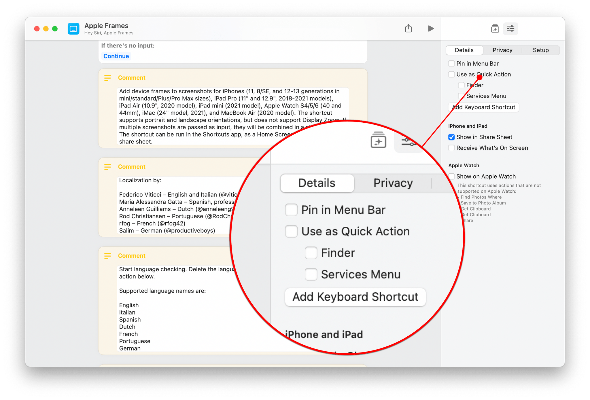 The details panel is where you'll find the biggest differences between Shortcuts on Mac and the iPad and iPhone versions.