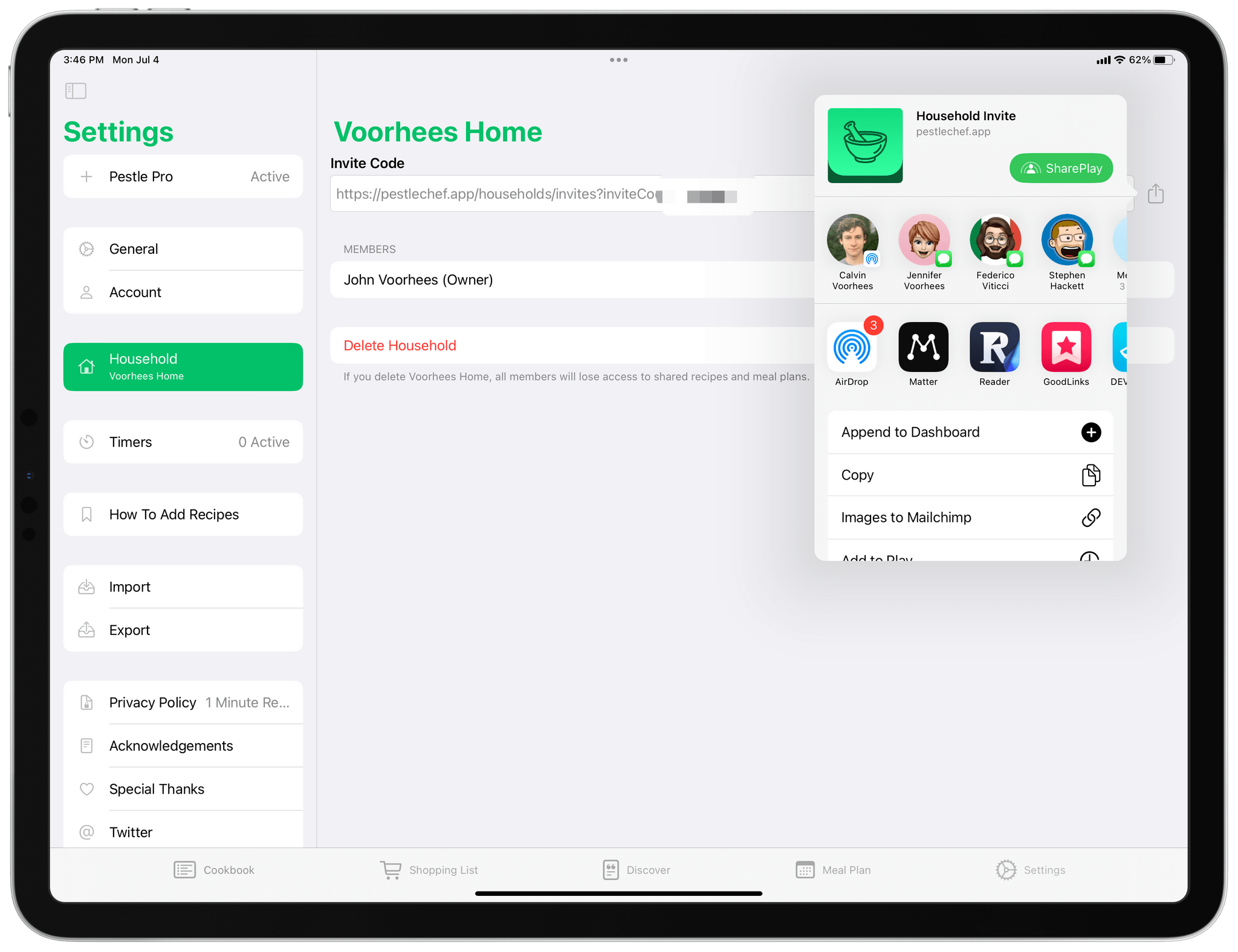 Setting up a household for sharing recipes is as simple as sharing a URL.