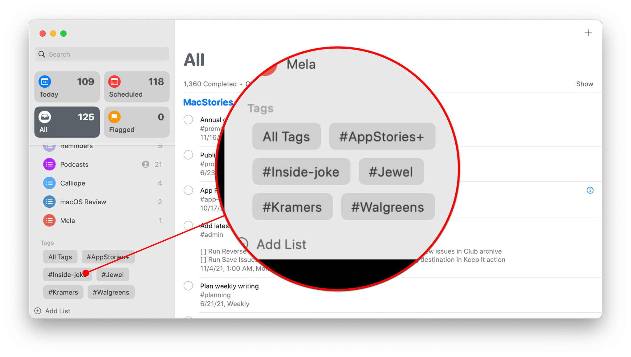 Like Notes, Reminders includes a Tag Browser in its sidebar.