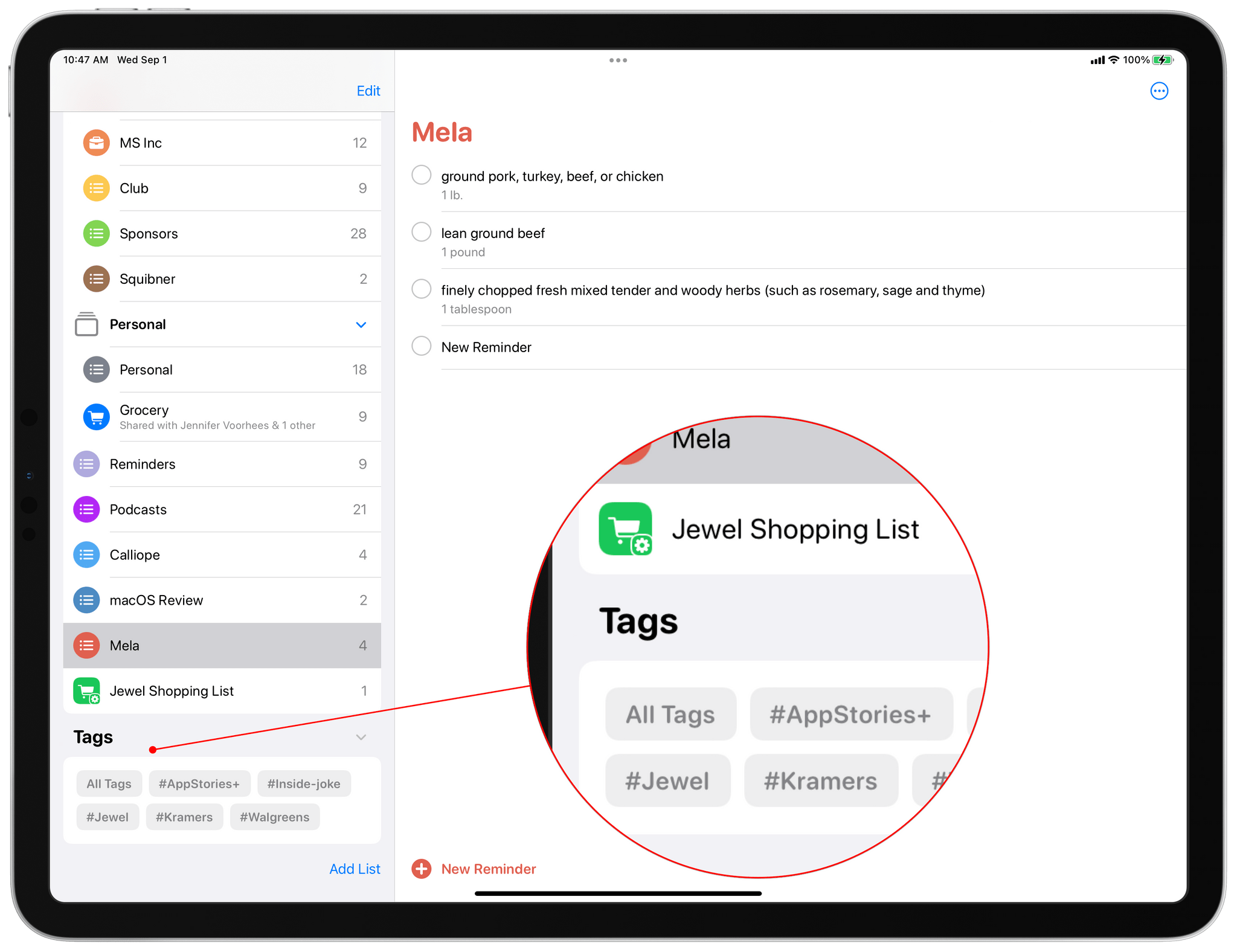 Reminders includes a new Tag Browser in the sidebar for quick filtering by tag.