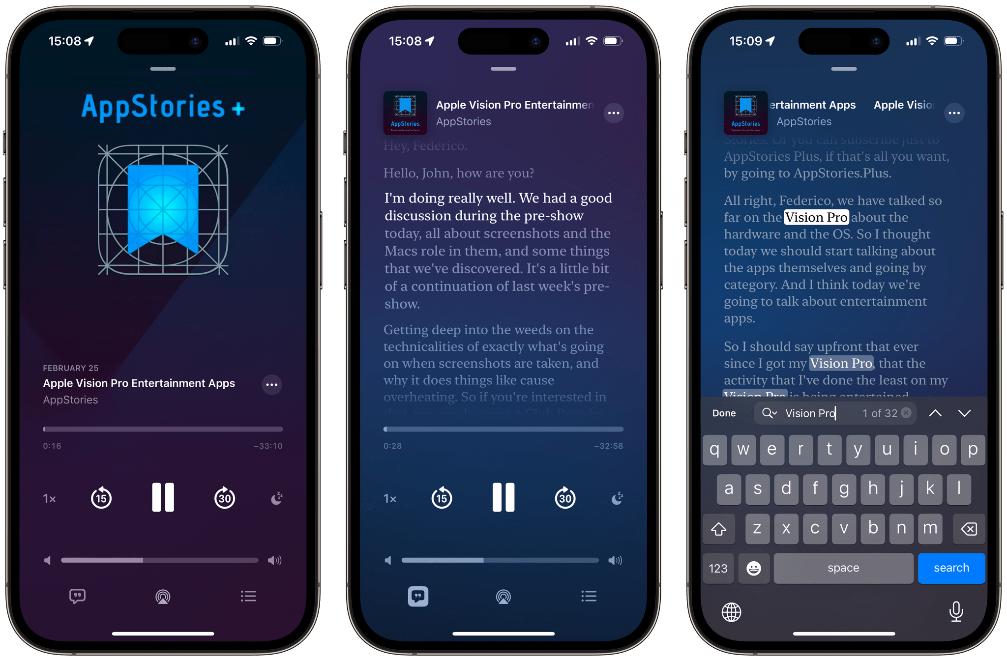 Podcasts transcripts highlight in sync with the audio, and can be searched directly from the Now Playing screen.