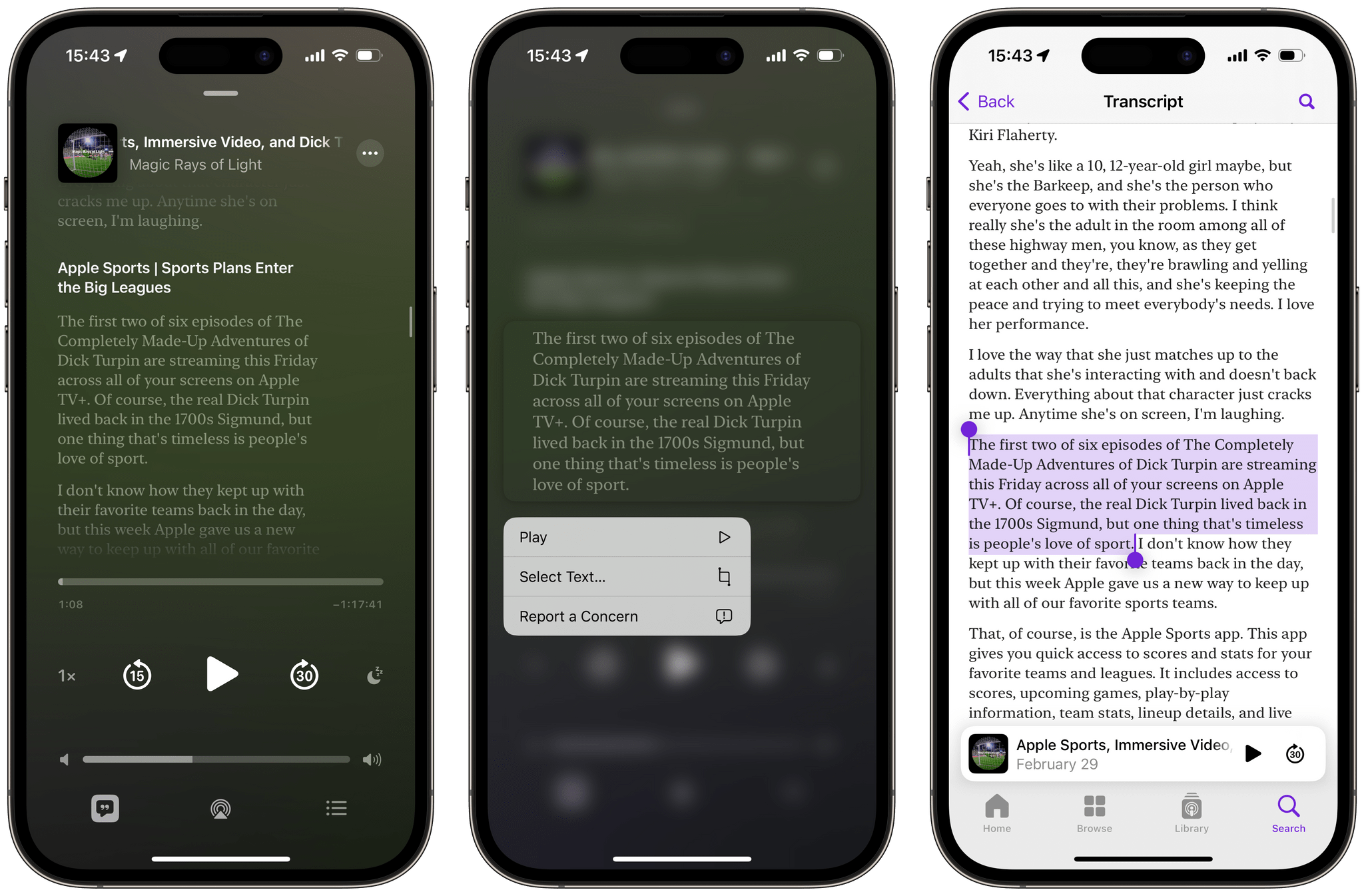 Chapter titles appear directly inline in the transcript. Long-press a block of text in the transcript to start selecting text.