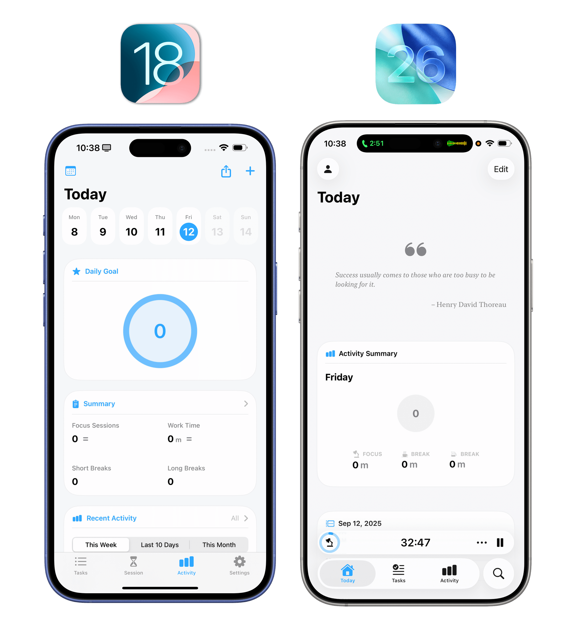 An example of a third-party app (Focus) implementing the new tab bar with related accessory item in iOS 26.